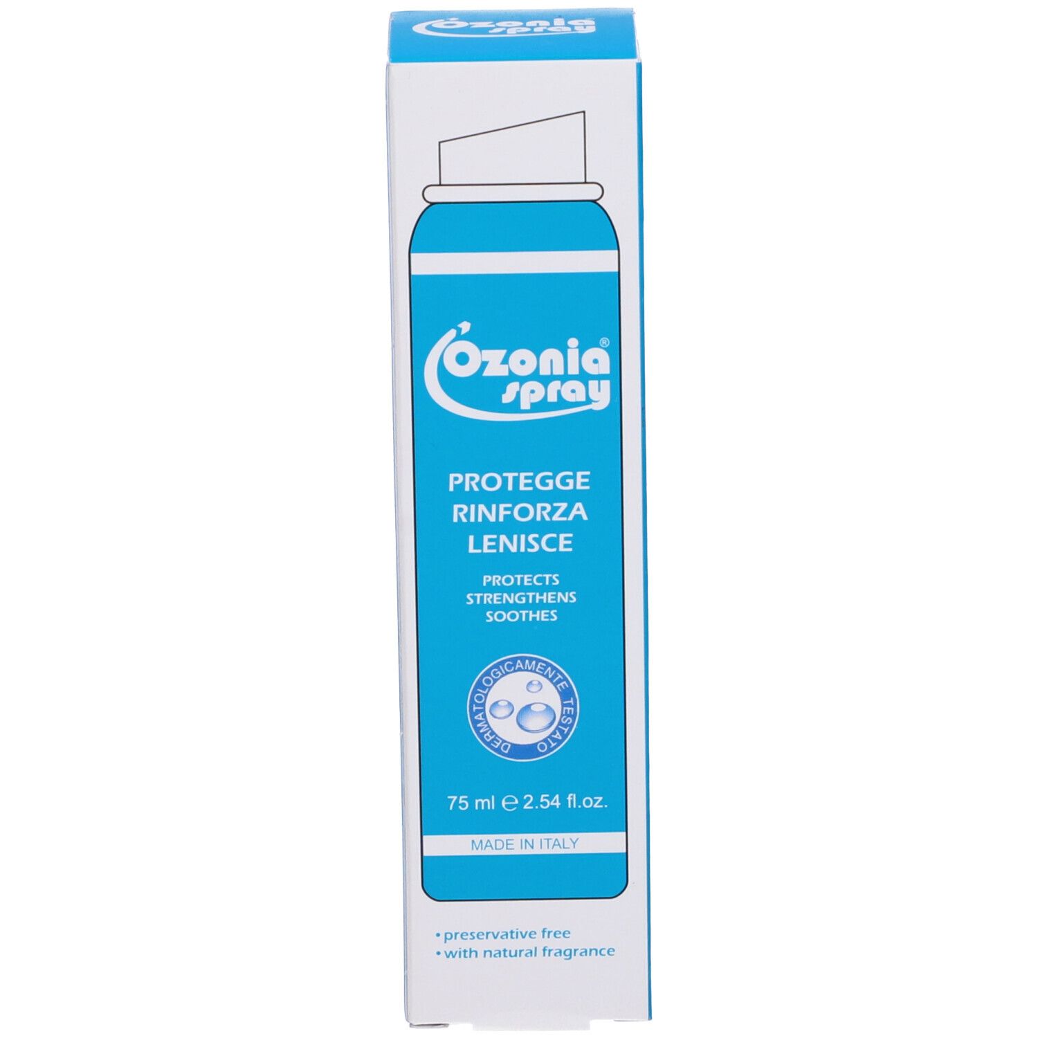 Scatola con immagine flacone spray blu. Scritta: Ozonia Spray, protegge, rinforza, lenisce. 75 ml. Made in Italy.