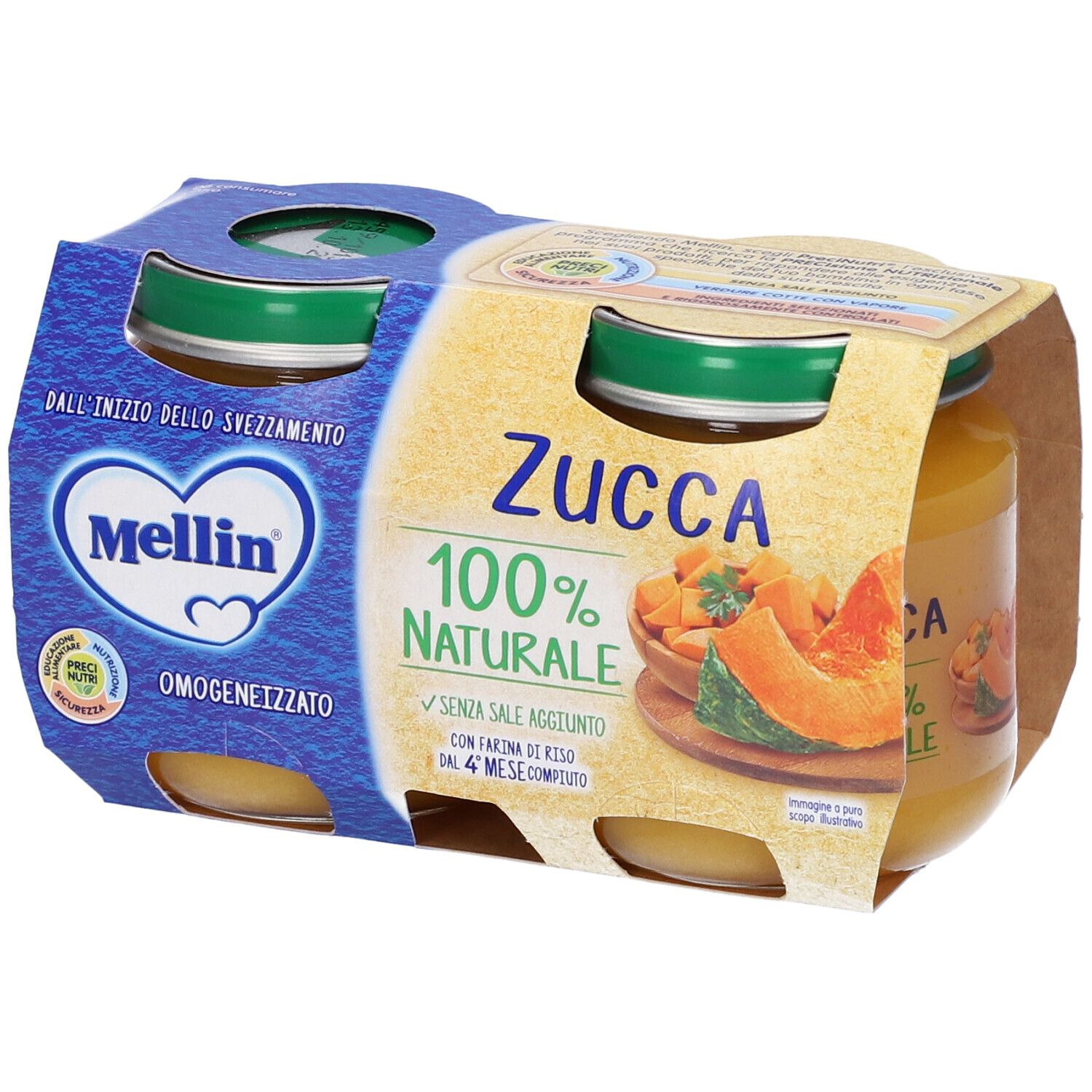 Confezione da quattro vasetti di Omogeneizzato Zucca. Etichetta con testo: Zucca 100% Naturale. Logo Mellin.