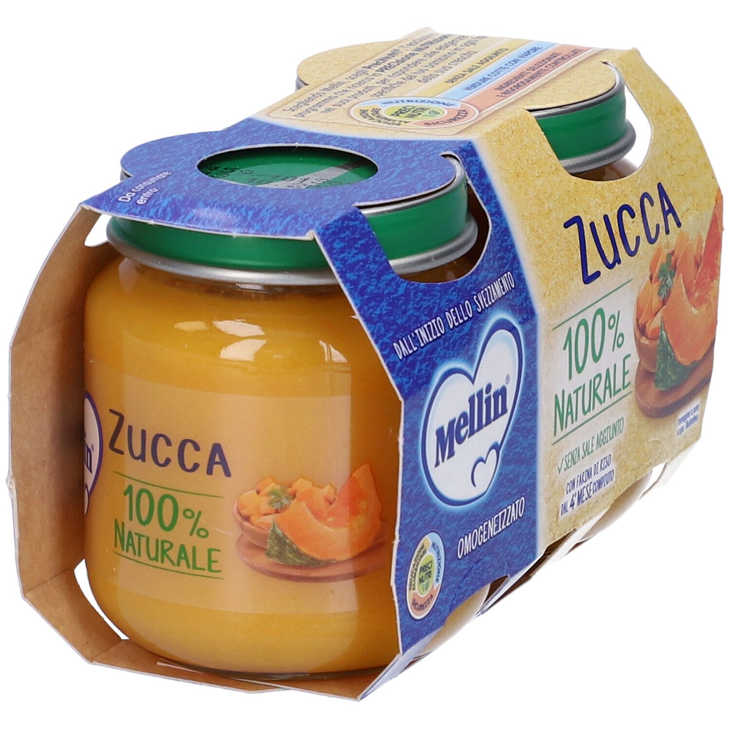 Confezione da due vasetti di Omogeneizzato Zucca. Etichetta con testo: Zucca 100% Naturale. Logo Mellin.