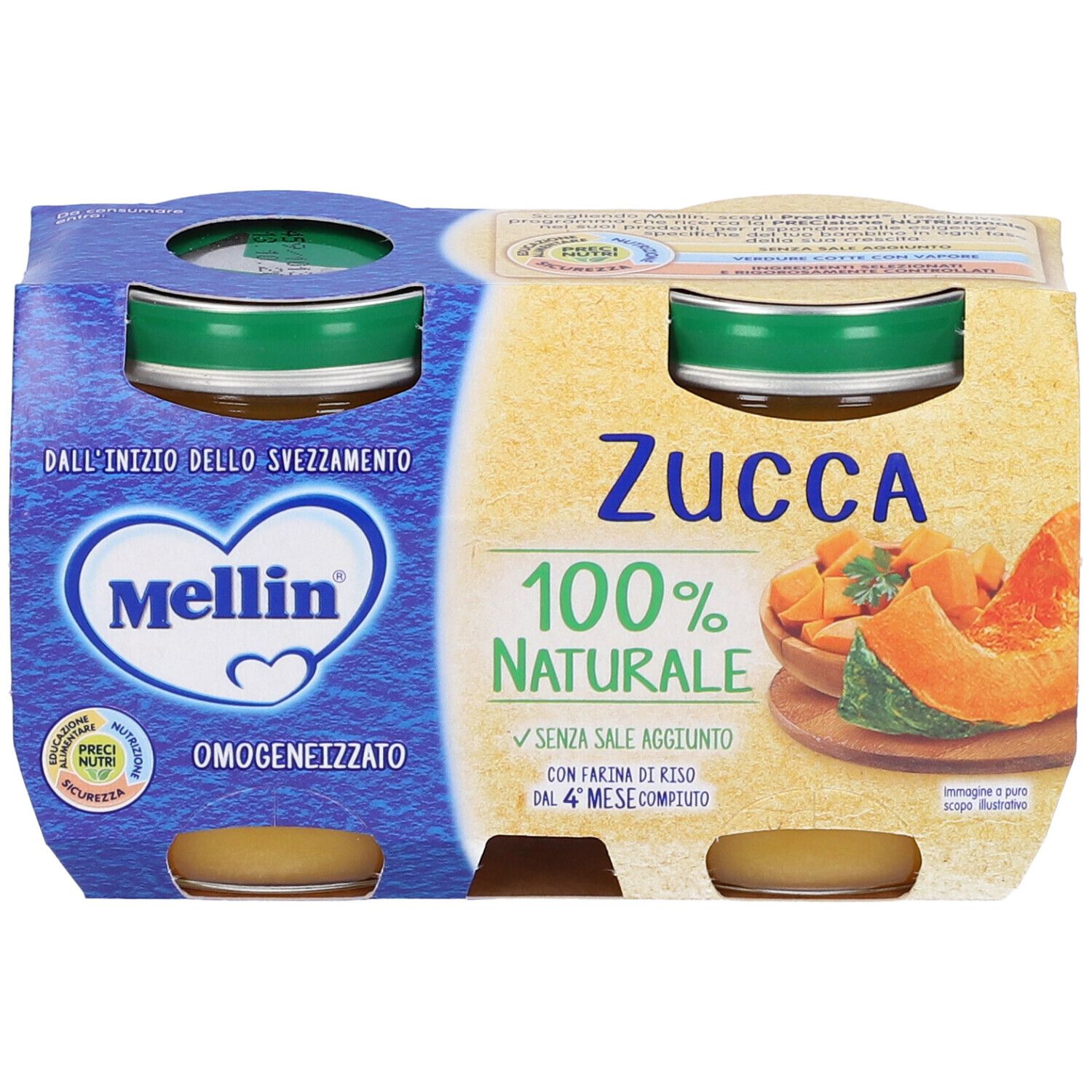 Confezione da quattro vasetti di Omogeneizzato Zucca. Etichetta con testo: Zucca 100% Naturale. Logo Mellin.