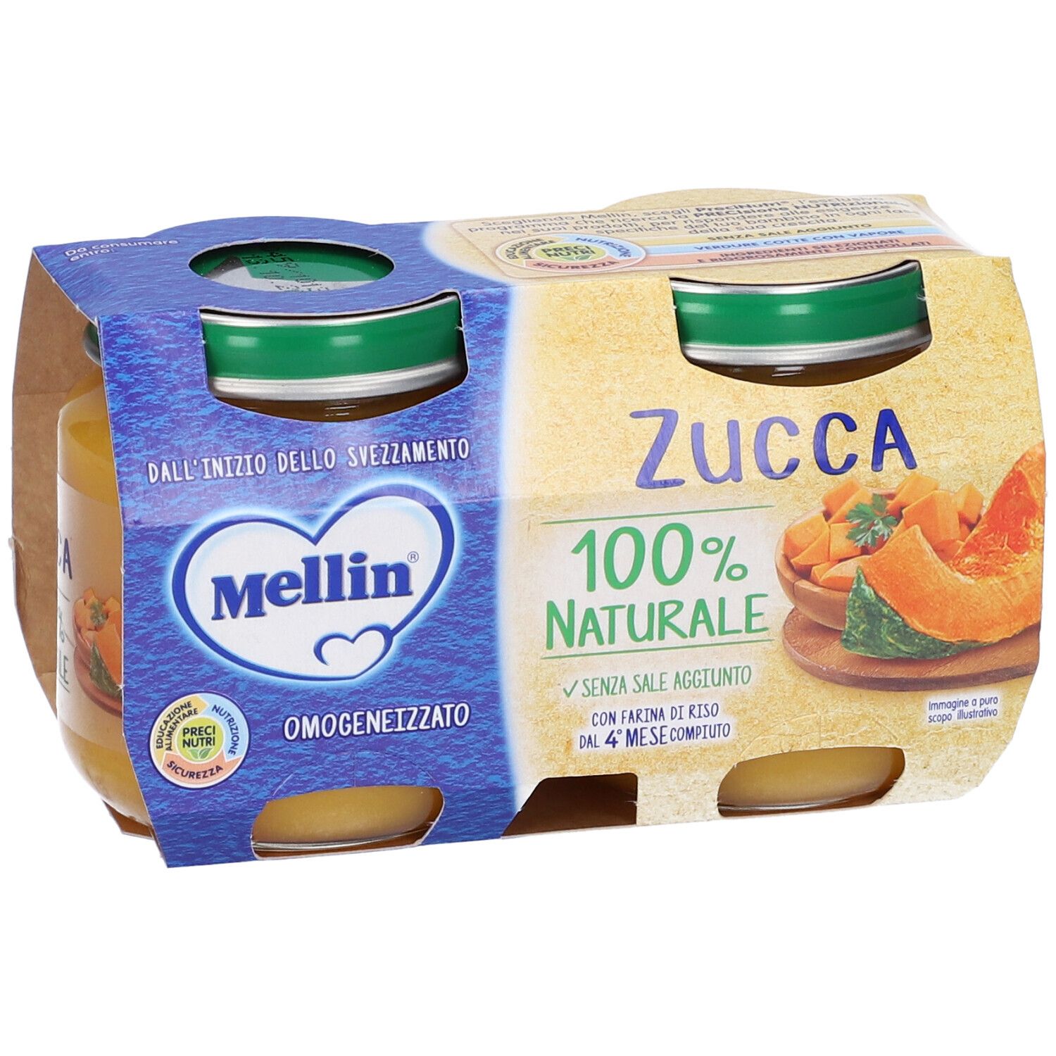 Confezione da due vasetti di Omogeneizzato Zucca. Etichetta con testo: Zucca 100% Naturale. Logo Mellin.