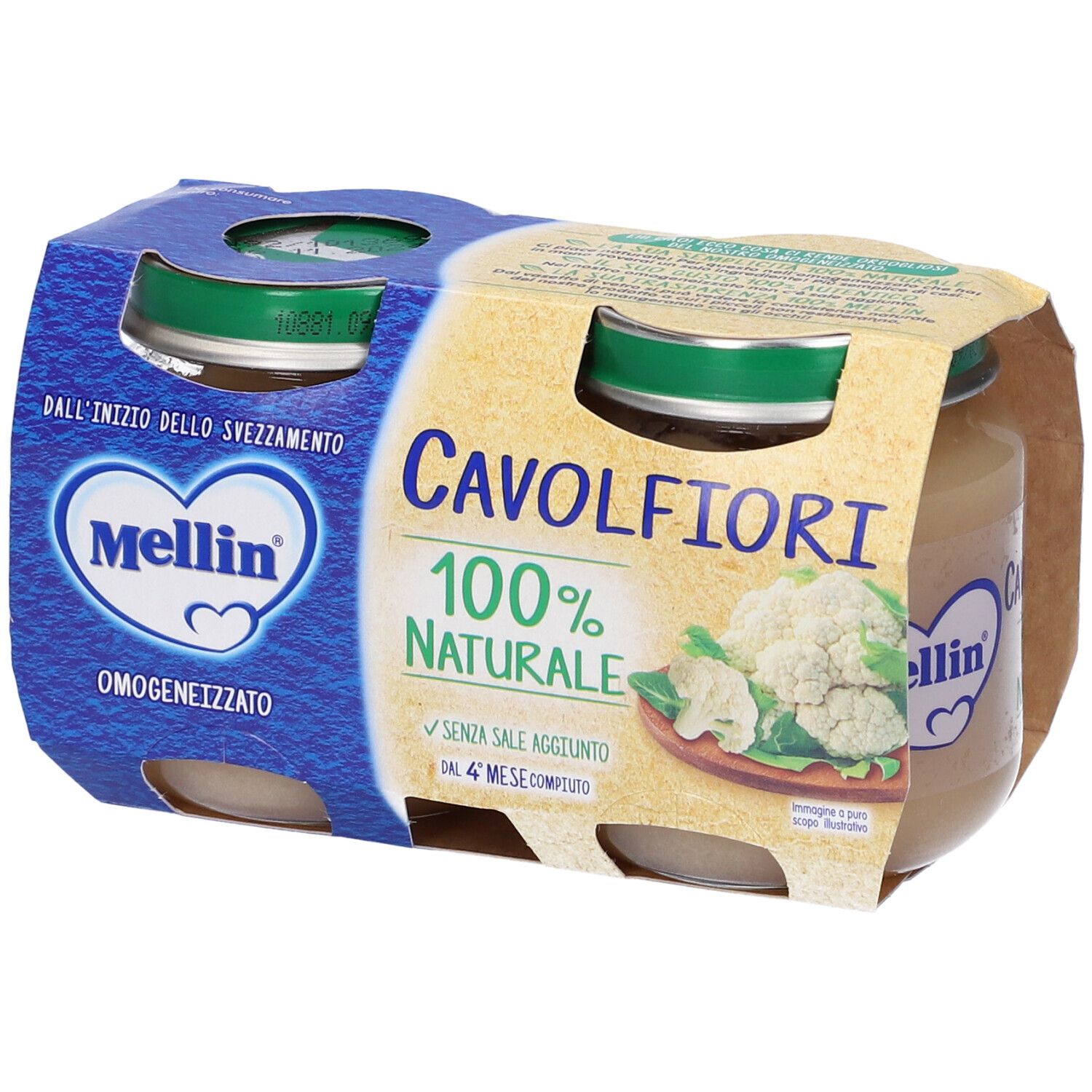 Due vasetti di omogeneizzato in confezione di cartone. Scritta: Cavolfiori 100% Naturale. Marchio: Mellin.