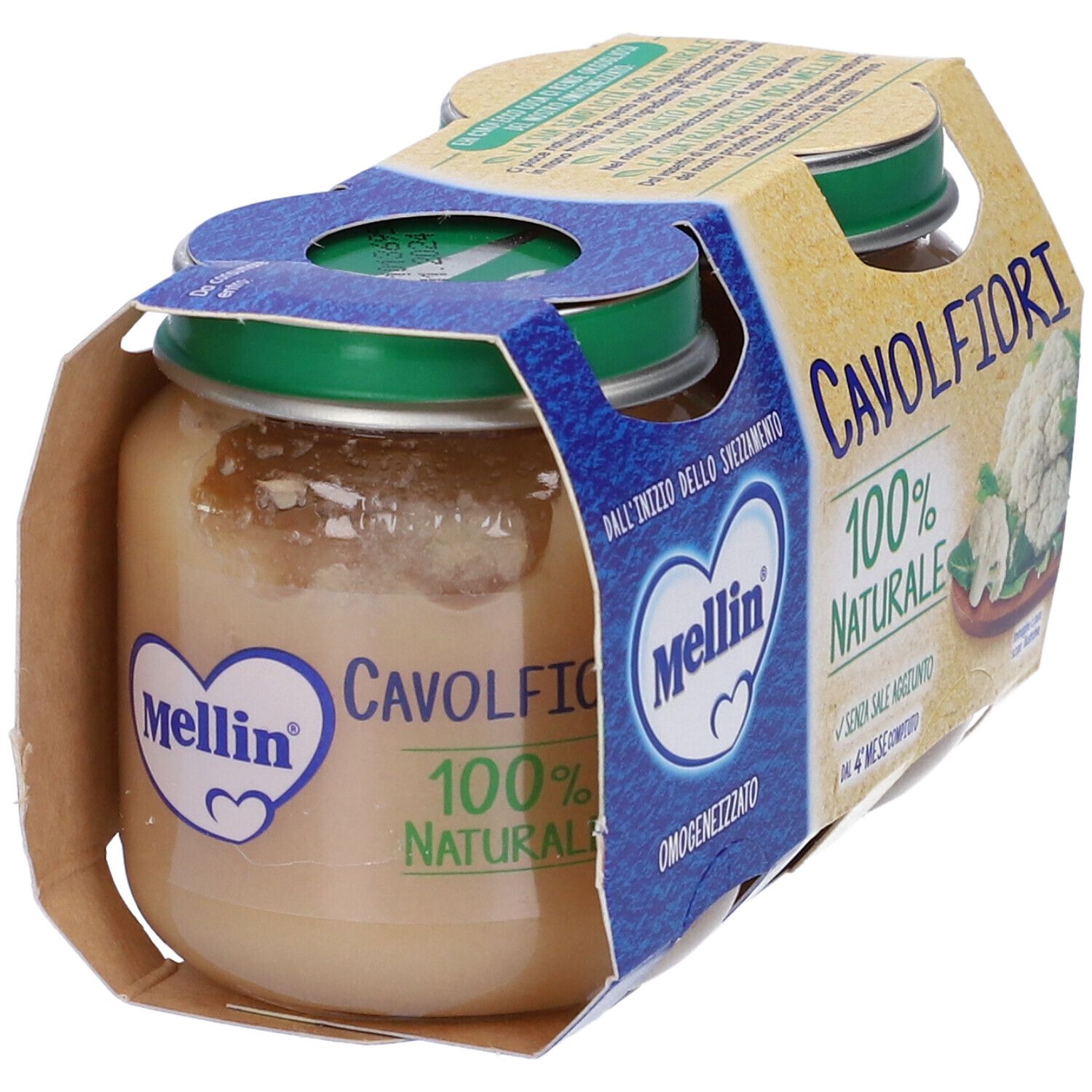Due vasetti di omogeneizzato in confezione di cartone. Scritta: Cavolfiori 100% Naturale. Marchio: Mellin.