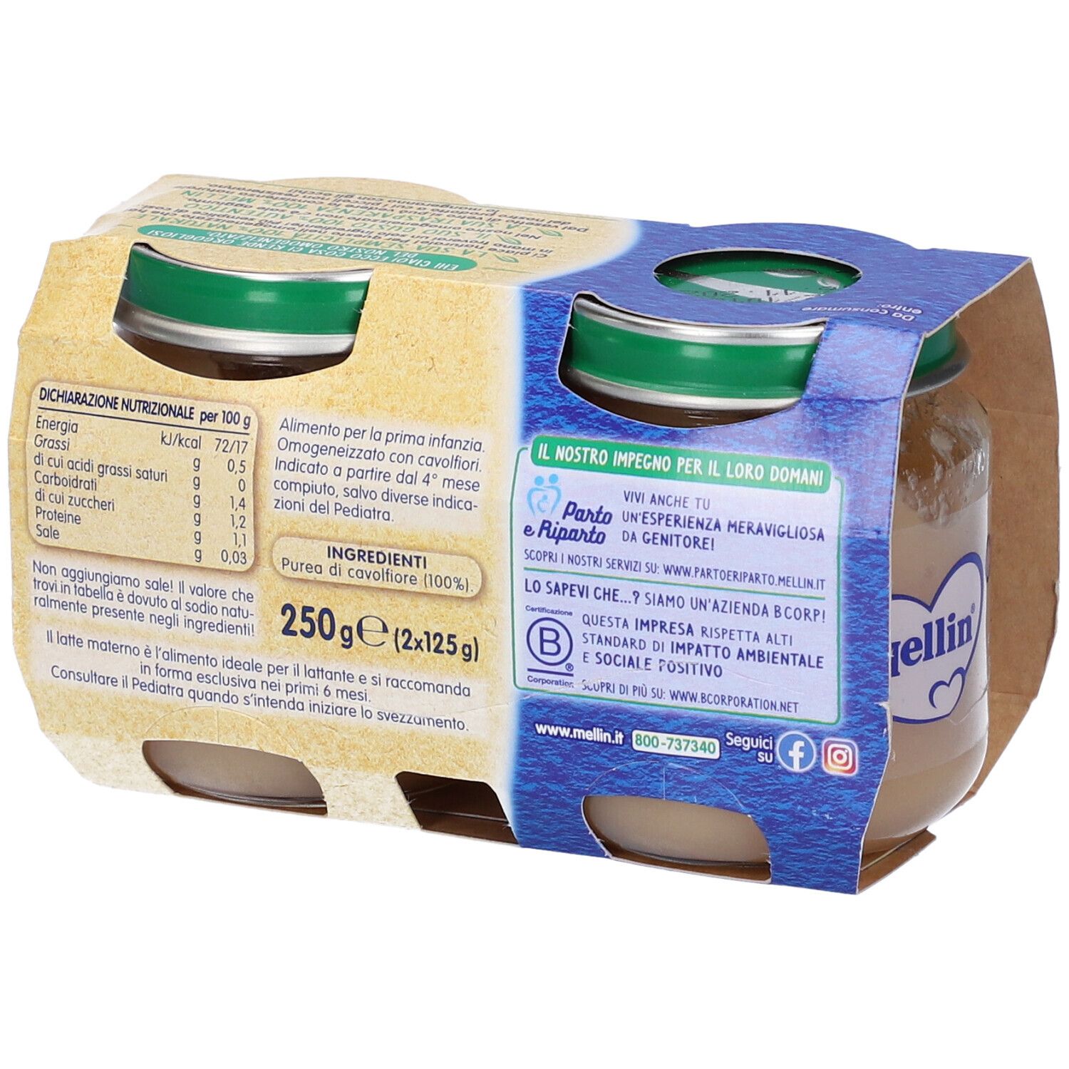 Retro confezione con valori nutrizionali e ingredienti. Marchio: Mellin. Contenuto: 250g (2x125g).