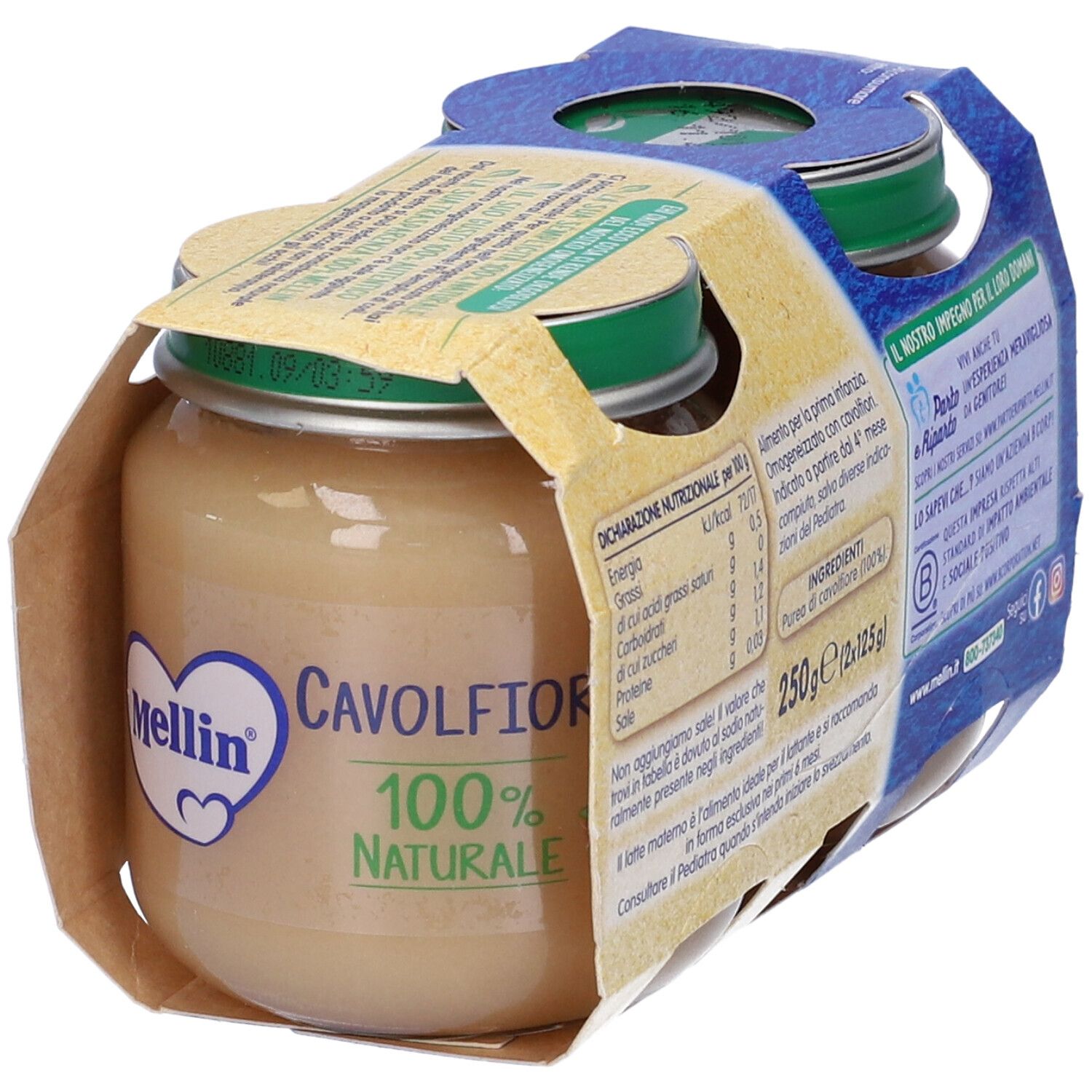 Due vasetti di omogeneizzato in confezione di cartone. Scritta: Cavolfiori 100% Naturale. Marchio: Mellin.