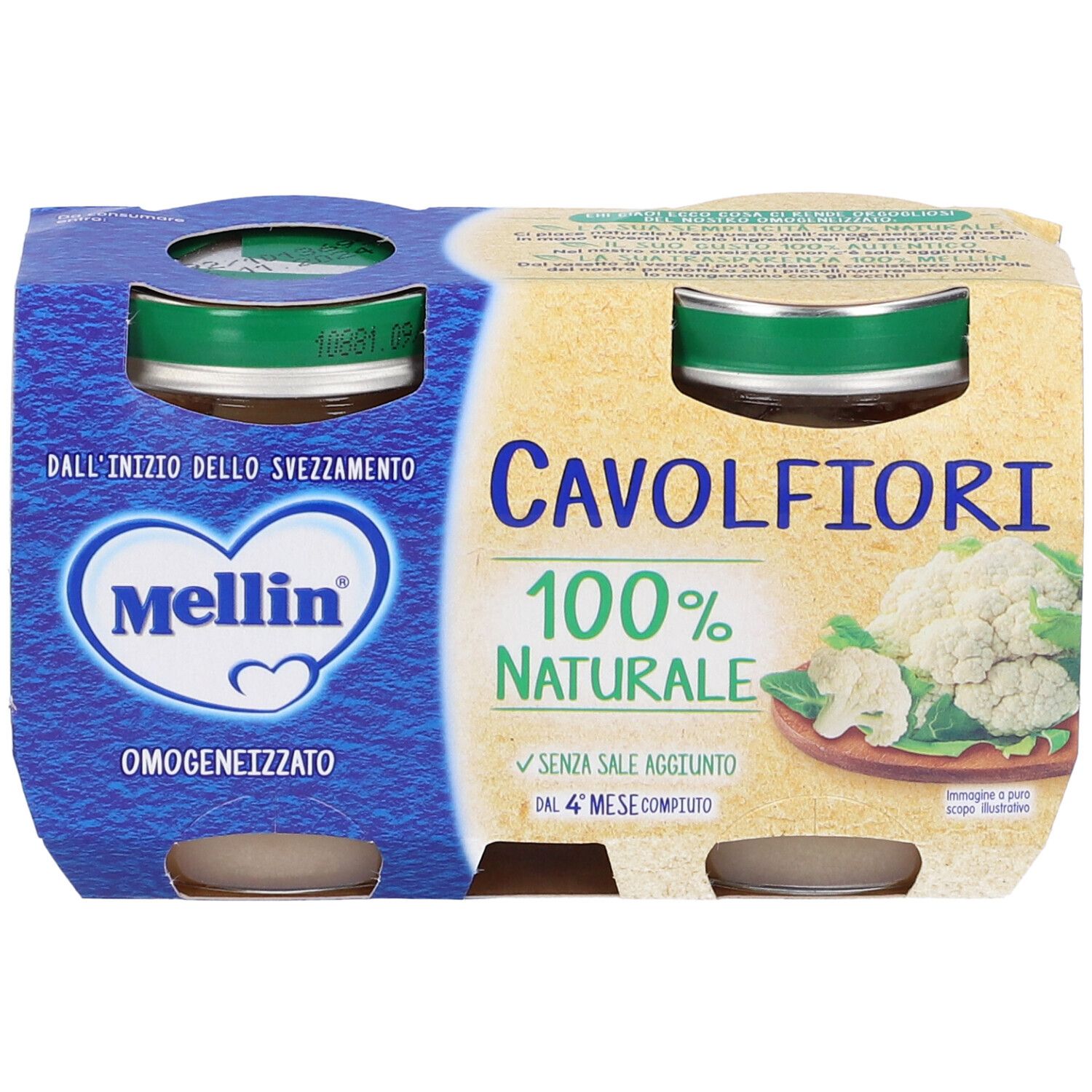 Due vasetti di omogeneizzato in confezione di cartone. Scritta: Cavolfiori 100% Naturale. Marchio: Mellin.