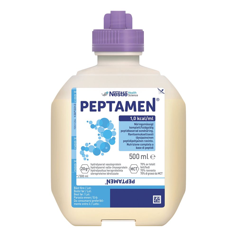 Bottiglia con tappo viola. Scritta: Peptamen, 1,0 kcal/ml, 500 ml. Logo Nestle Health Science.