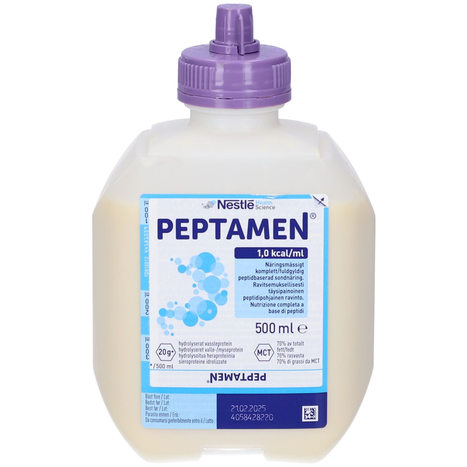 Bottiglia con tappo viola. Scritta: Peptamen, 1,0 kcal/ml, 500 ml. Data di scadenza.
