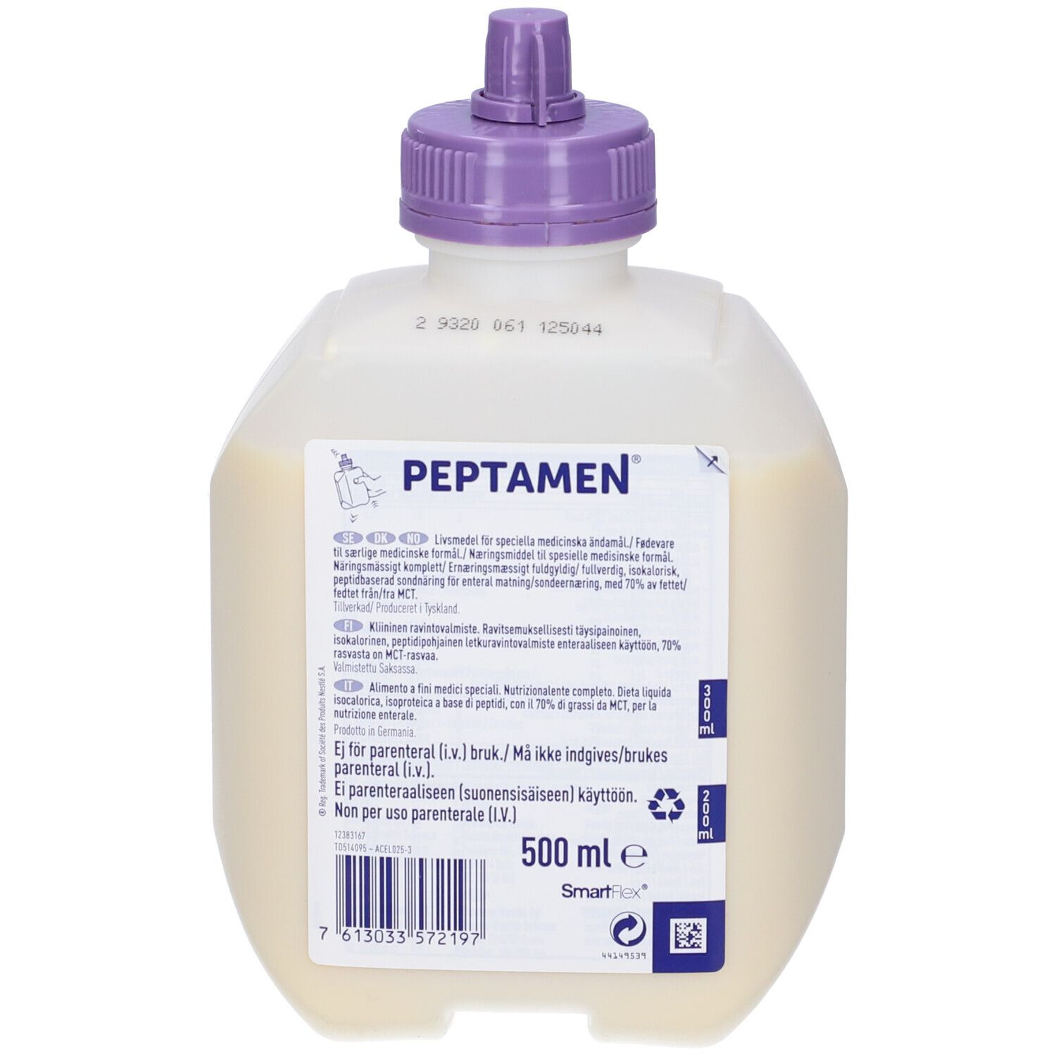 Bottiglia con tappo viola. Scritta: Peptamen, 500 ml. Testo per uso medico. Logo SmartFlex.
