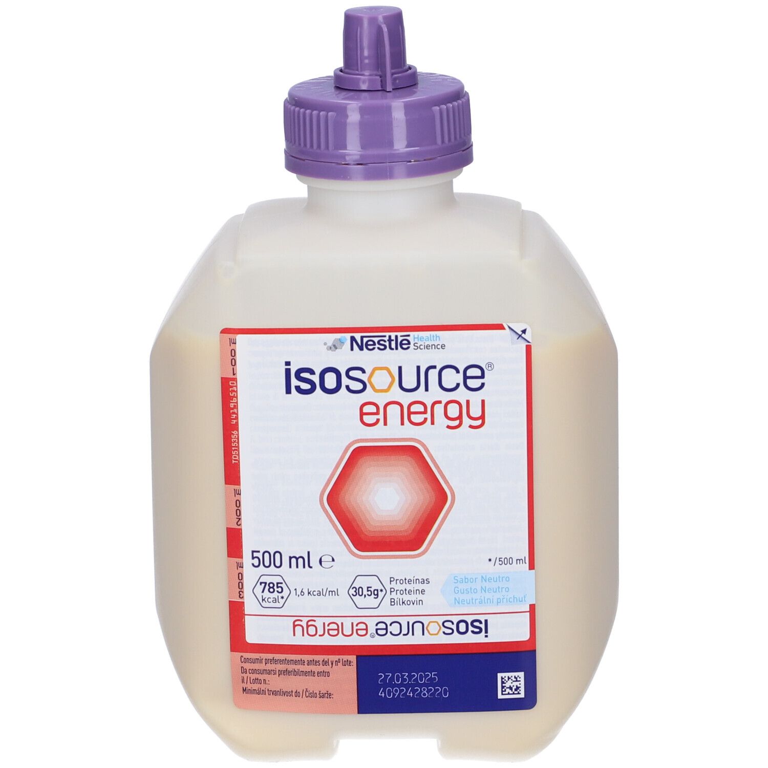 Bottiglia Nestlé Isosource Energy. Tappo viola. Logo rosso. 500 ml. Data di scadenza.