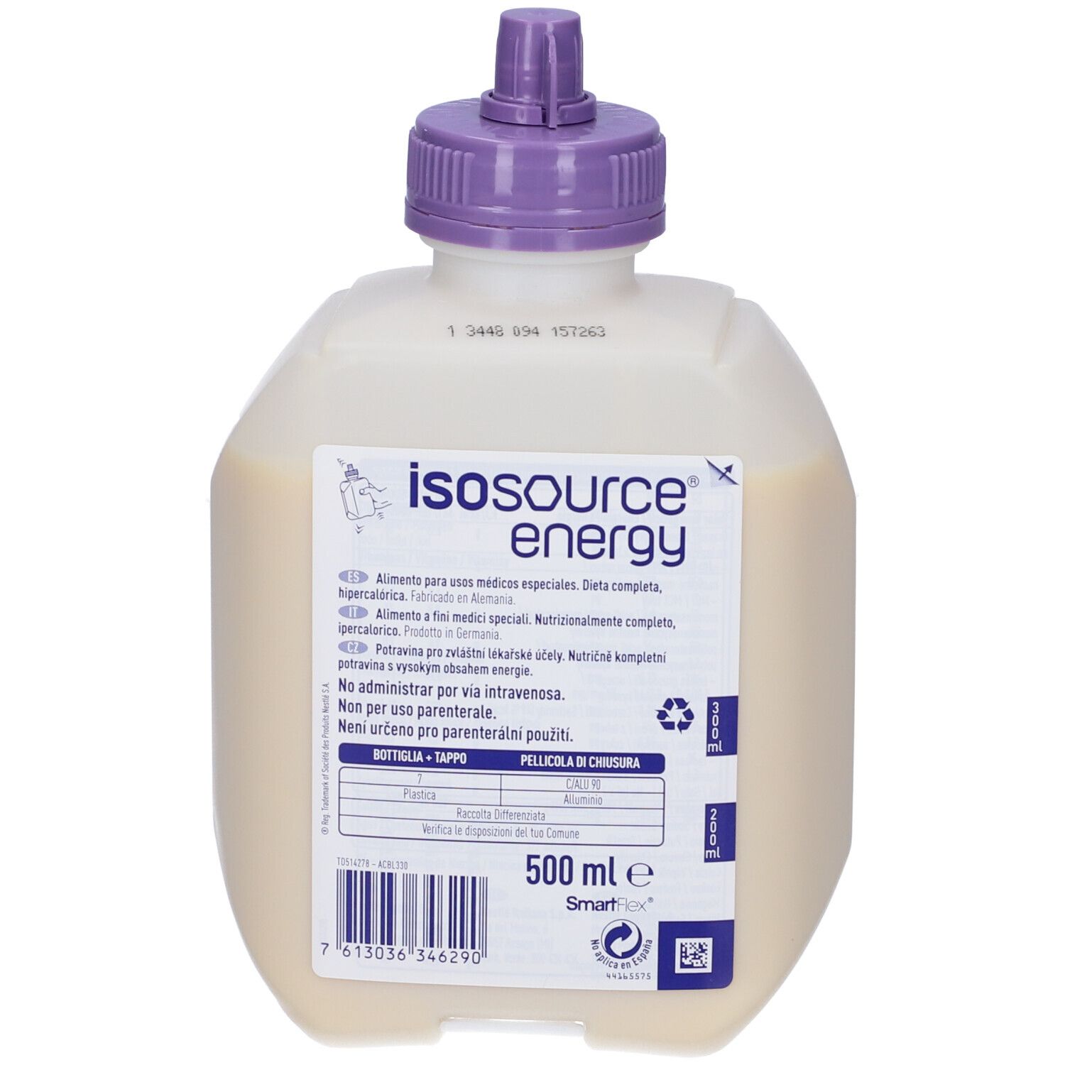 Bottiglia Nestlé Isosource Energy. Tappo viola. Testo e loghi. 500 ml. Sistema SmartFlow.