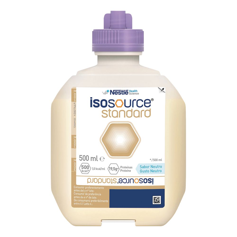 Nestlé Isosource Standard Neutro. Bottiglia con tappo viola. Contiene 500 ml. Scritta: Sabor Neutro, Gusto Neutro.
