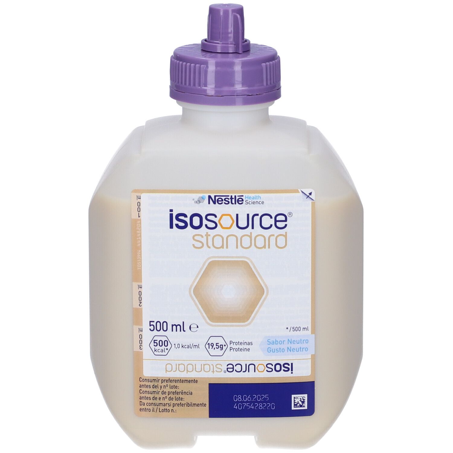 Nestlé Isosource Standard Neutro. Bottiglia con tappo viola. Contiene 500 ml. Scritta: Sabor Neutro, Gusto Neutro. Data di scadenza.