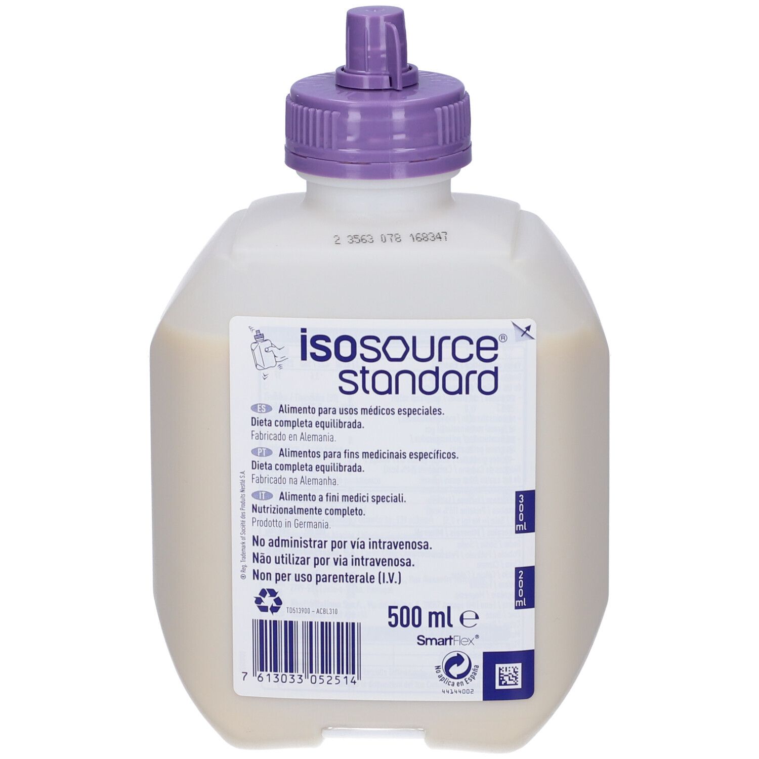 Nestlé Isosource Standard Neutro. Bottiglia con tappo viola. Contiene 500 ml. Scritta: Alimente para usos medicos especiales. Non per via endovenosa.