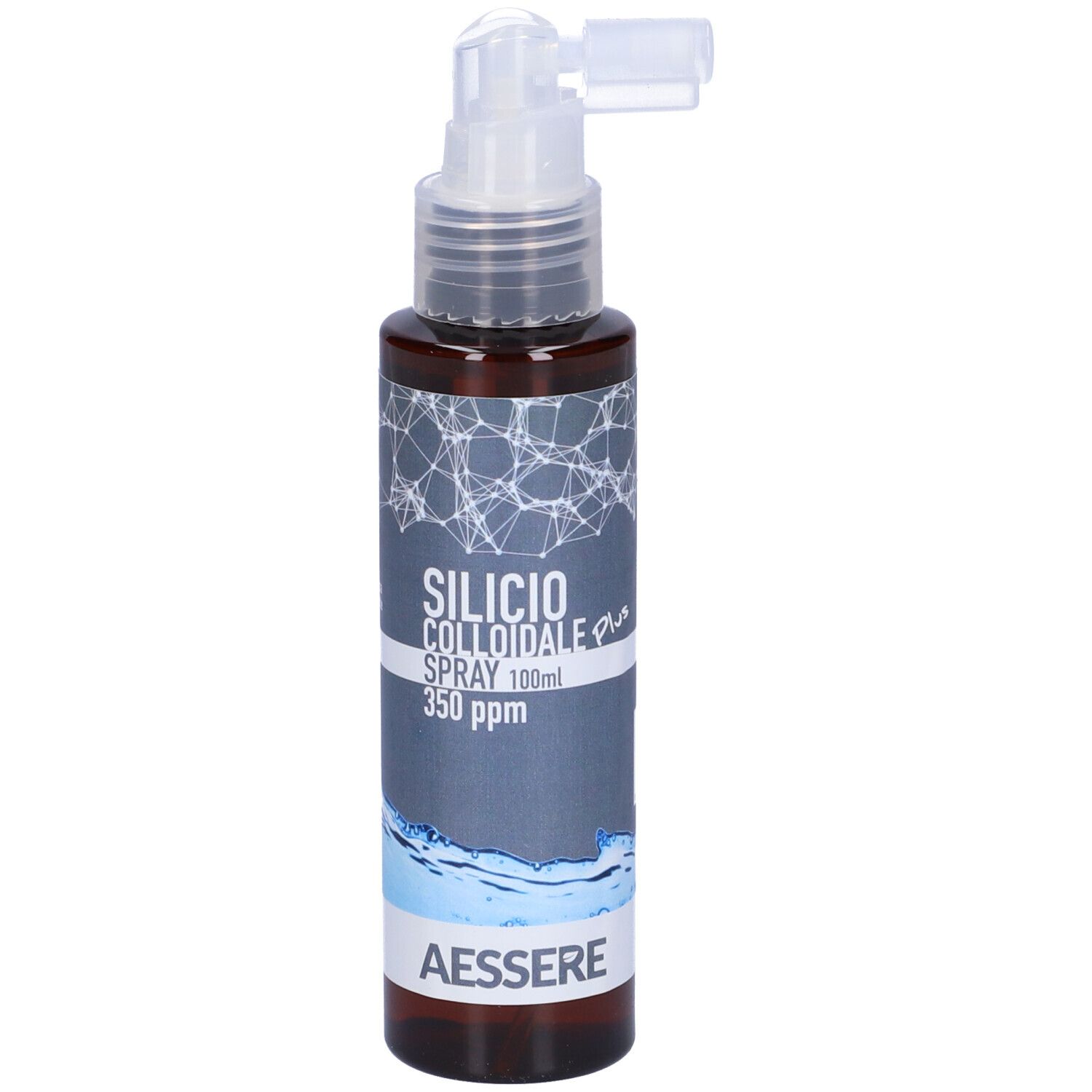 Flacone spray marrone con erogatore bianco. Scritta: Silicio Colloidale Spray 350 ppm. Marchio: Aessere.