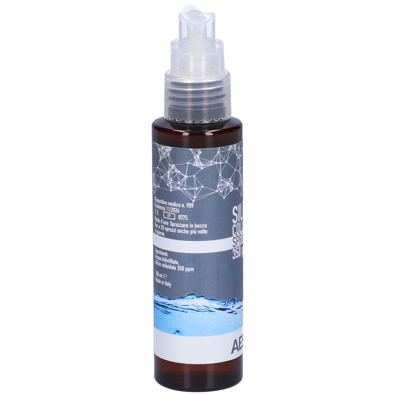 Flacone spray marrone con erogatore bianco. Scritta: Silicio Colloidale Spray 350 ppm. Marchio: Aessere.