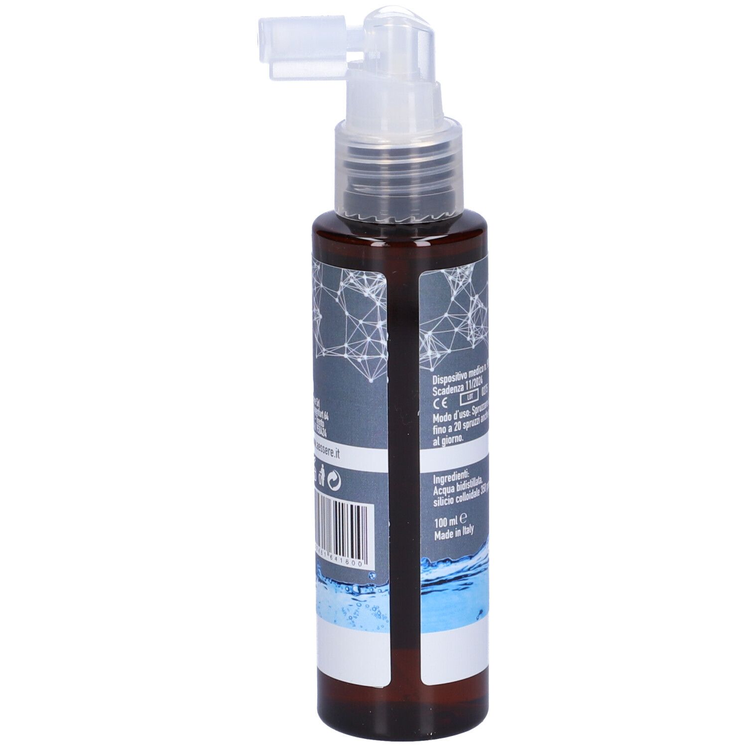 Flacone spray marrone con erogatore bianco. Scritta: Silicio Colloidale Spray 350 ppm. Marchio: Aessere.