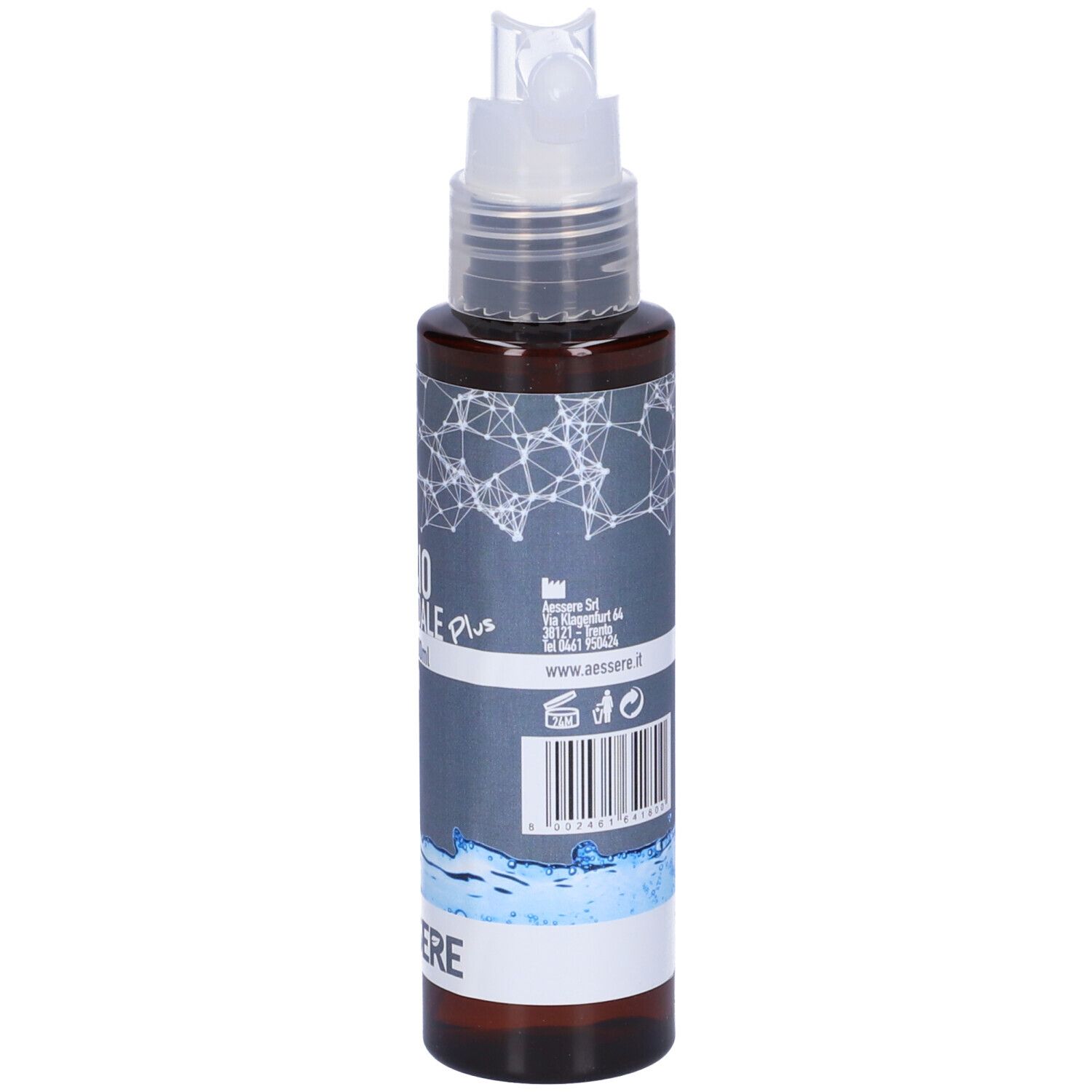 Flacone spray marrone con erogatore bianco. Scritta: Silicio Colloidale Spray 350 ppm. Marchio: Aessere.