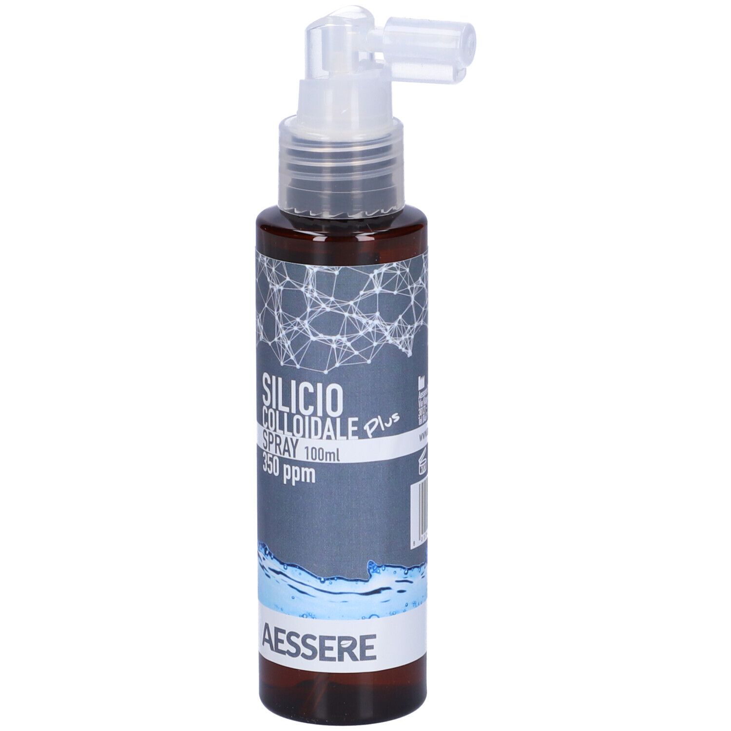 Flacone spray marrone con erogatore bianco. Scritta: Silicio Colloidale Spray 350 ppm. Marchio: Aessere.