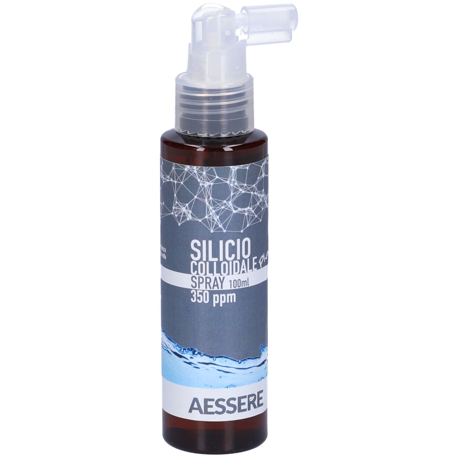 Flacone spray marrone con erogatore bianco. Scritta: Silicio Colloidale Spray 350 ppm. Marchio: Aessere.