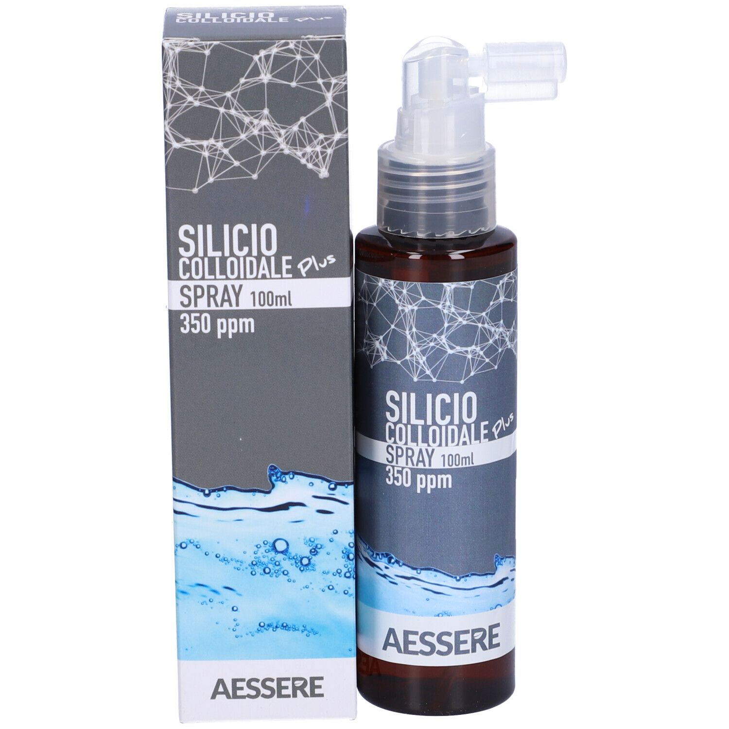 Flacone e confezione del prodotto. Scritta: Silicio Colloidale Spray 350 ppm. Marchio: Aessere.