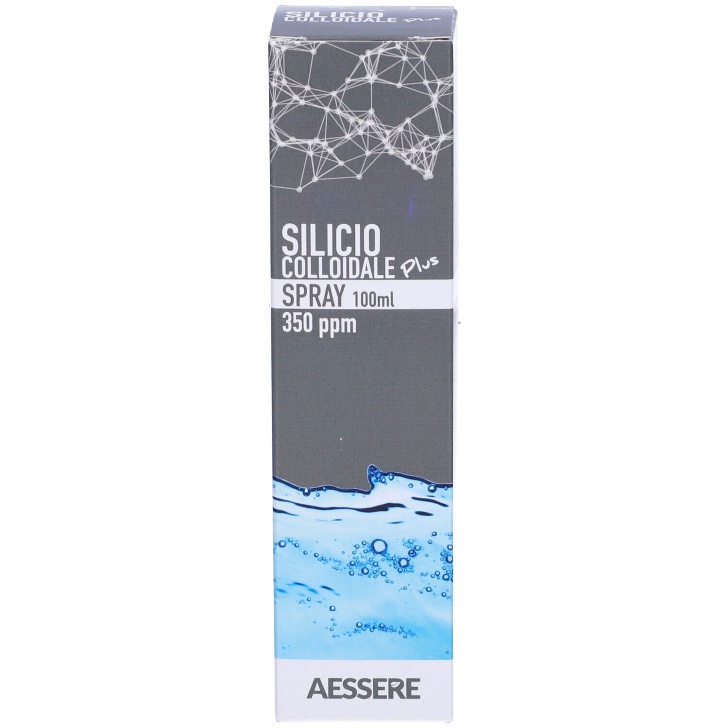Confezione del prodotto. Scritta: Silicio Colloidale Spray 350 ppm. Marchio: Aessere.
