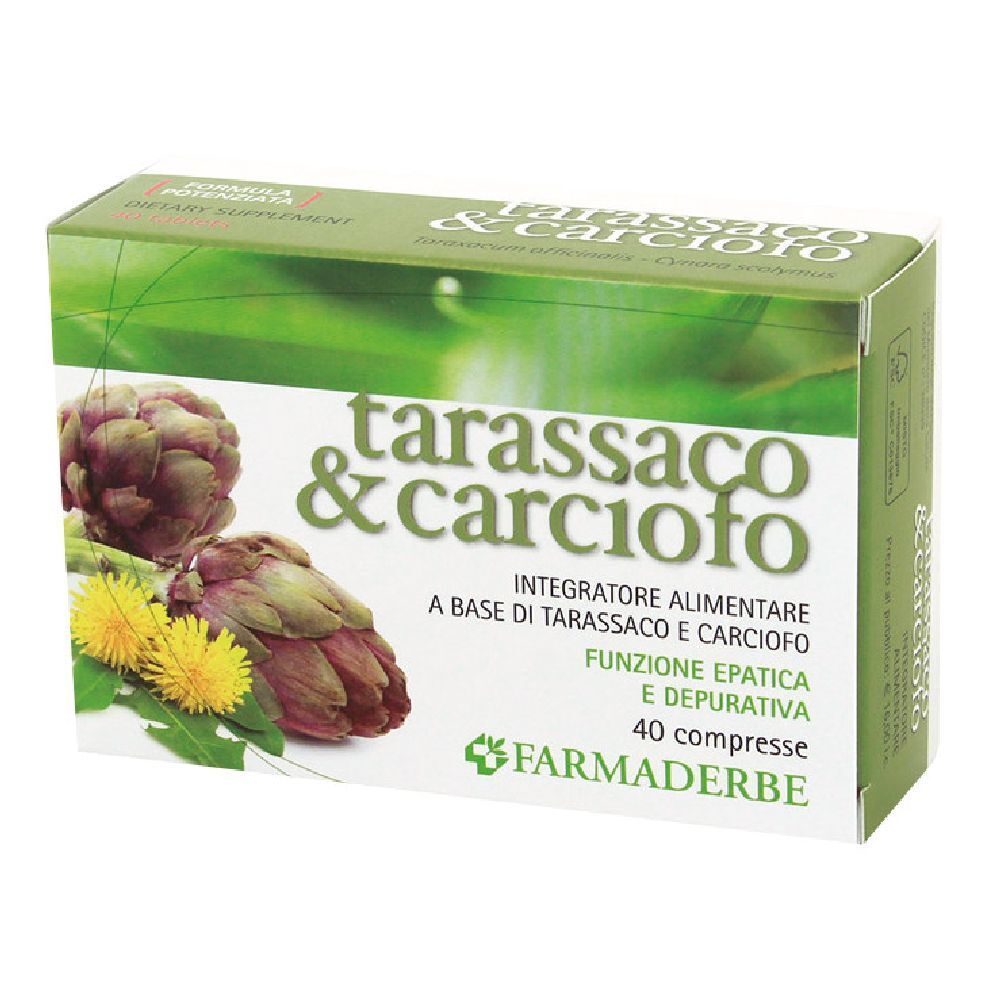 Scatola "tarassaco & carciofo". Illustrazione di carciofi e denti di leone. Testo: "Integratore alimentare".
