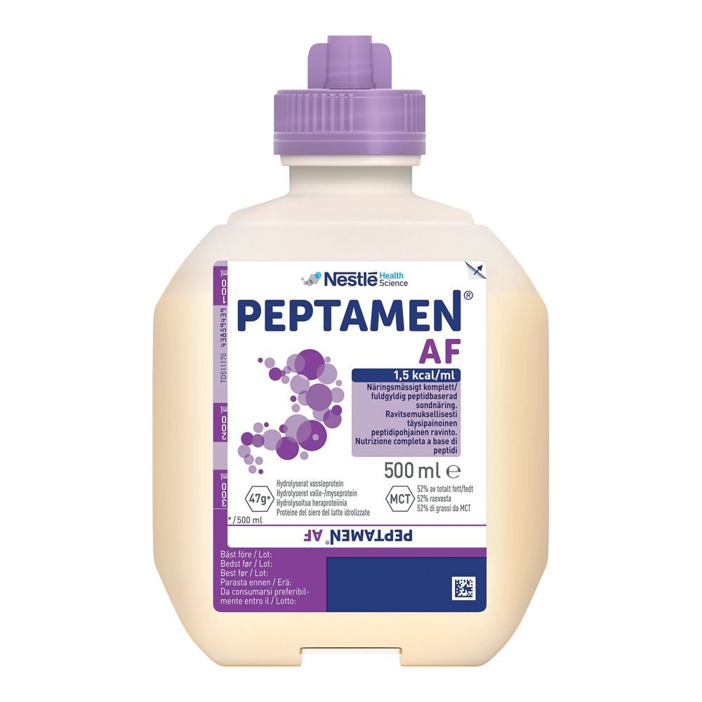 Bottiglia PEPTAMEN AF. Confezione bianca e viola. Scritta: 1,5 kcal/ml, 500 ml e. Logo Nestle Health Science.