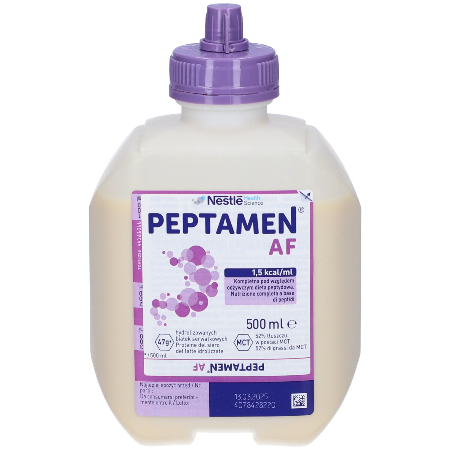 Bottiglia PEPTAMEN AF. Confezione bianca e viola. Scritta: 1,5 kcal/ml, 500 ml e. Logo Nestle Health Science.