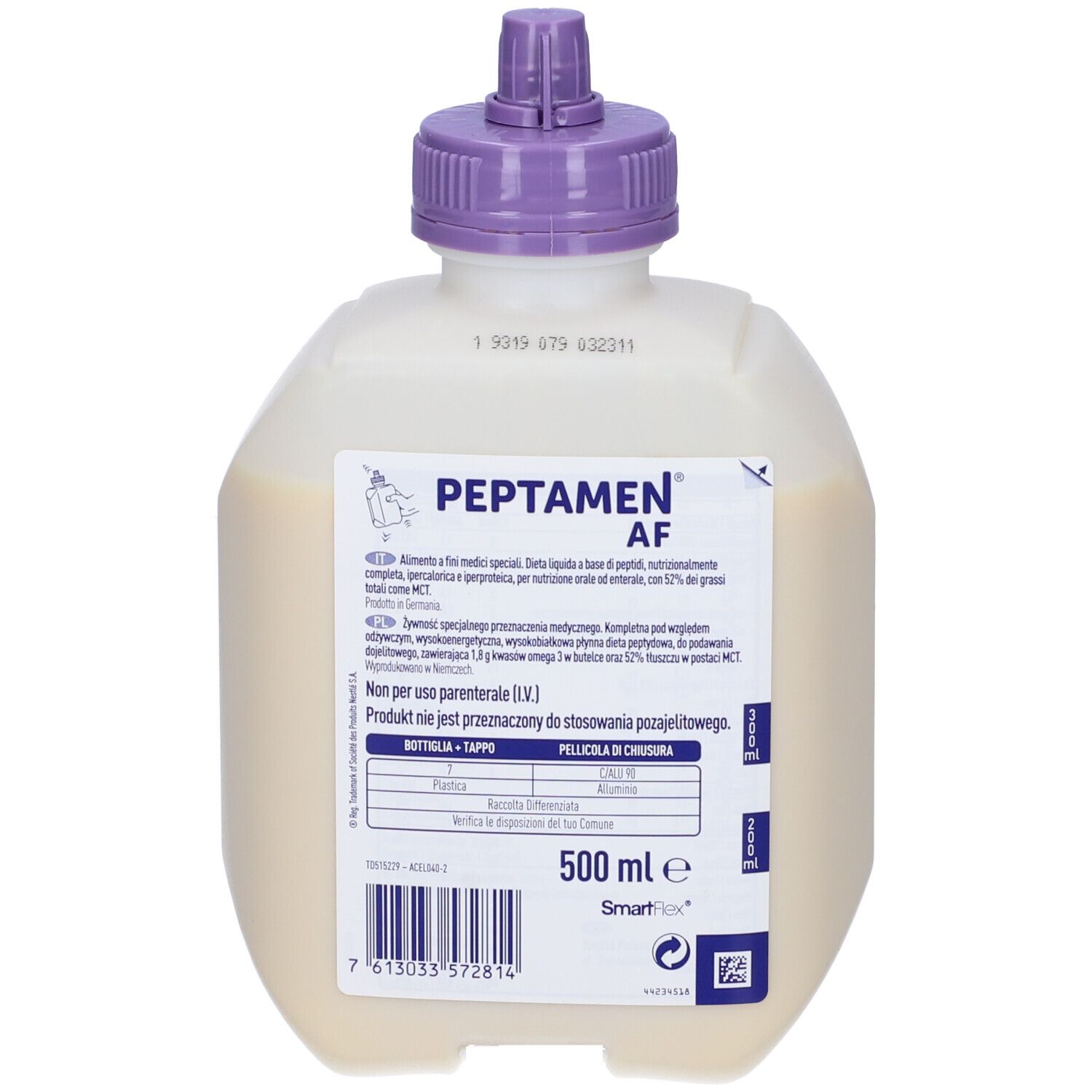 Bottiglia PEPTAMEN AF. Confezione bianca, tappo viola. Scritta: 500 ml e, SmartFlex. Logo Nestle Health Science.