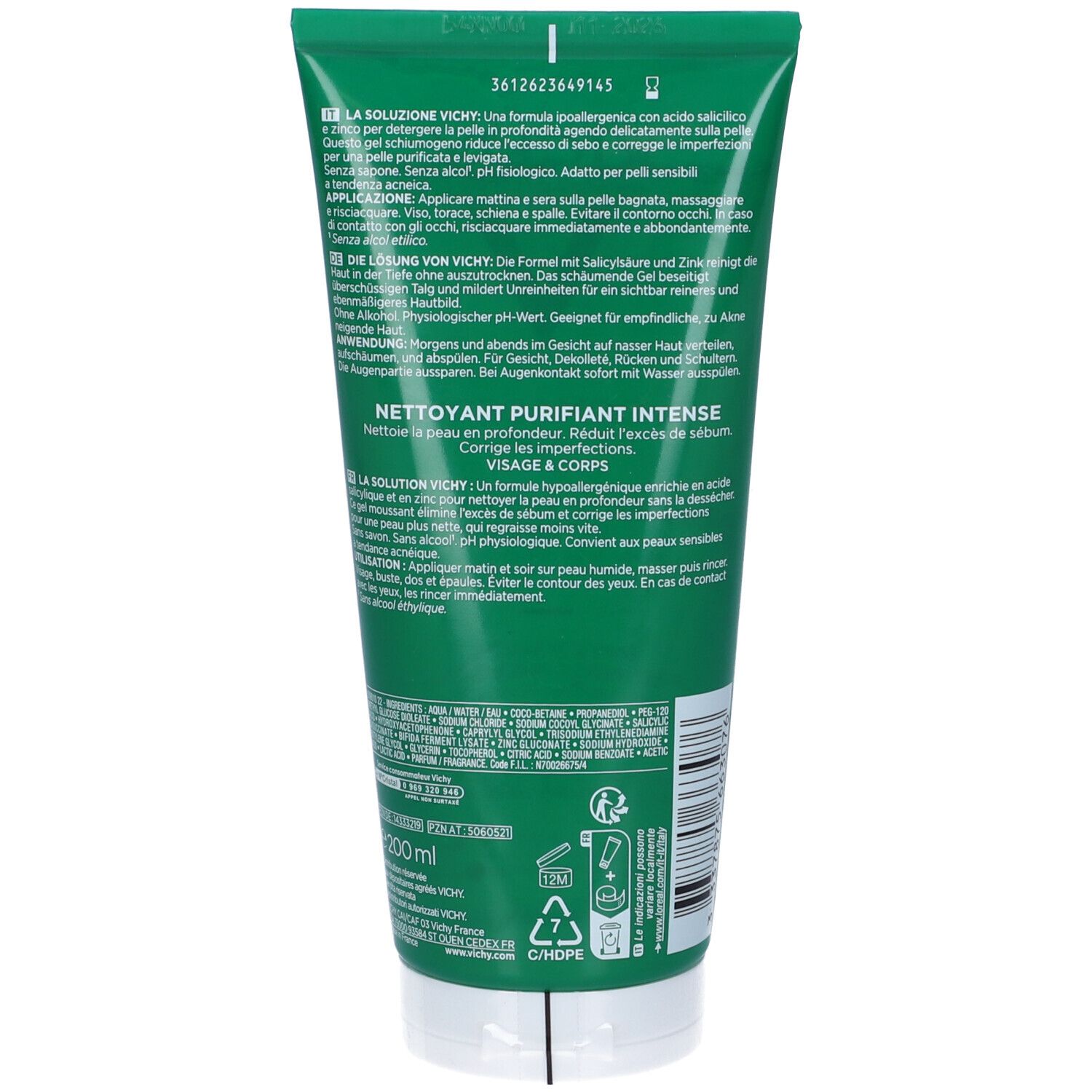 Retro di un tubo verde. Testo in più lingue. Scritta: VICHY. Nome del prodotto e istruzioni.