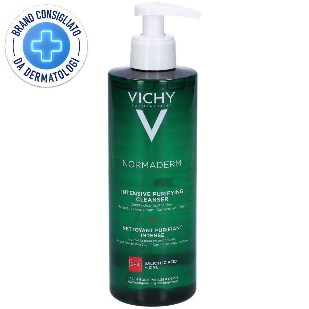 Flacone verde con dosatore bianco. Scritta: VICHY, Normaderm, Intensive Purifying Cleanser. Logo: Brand Consigliato da Dermatologi.