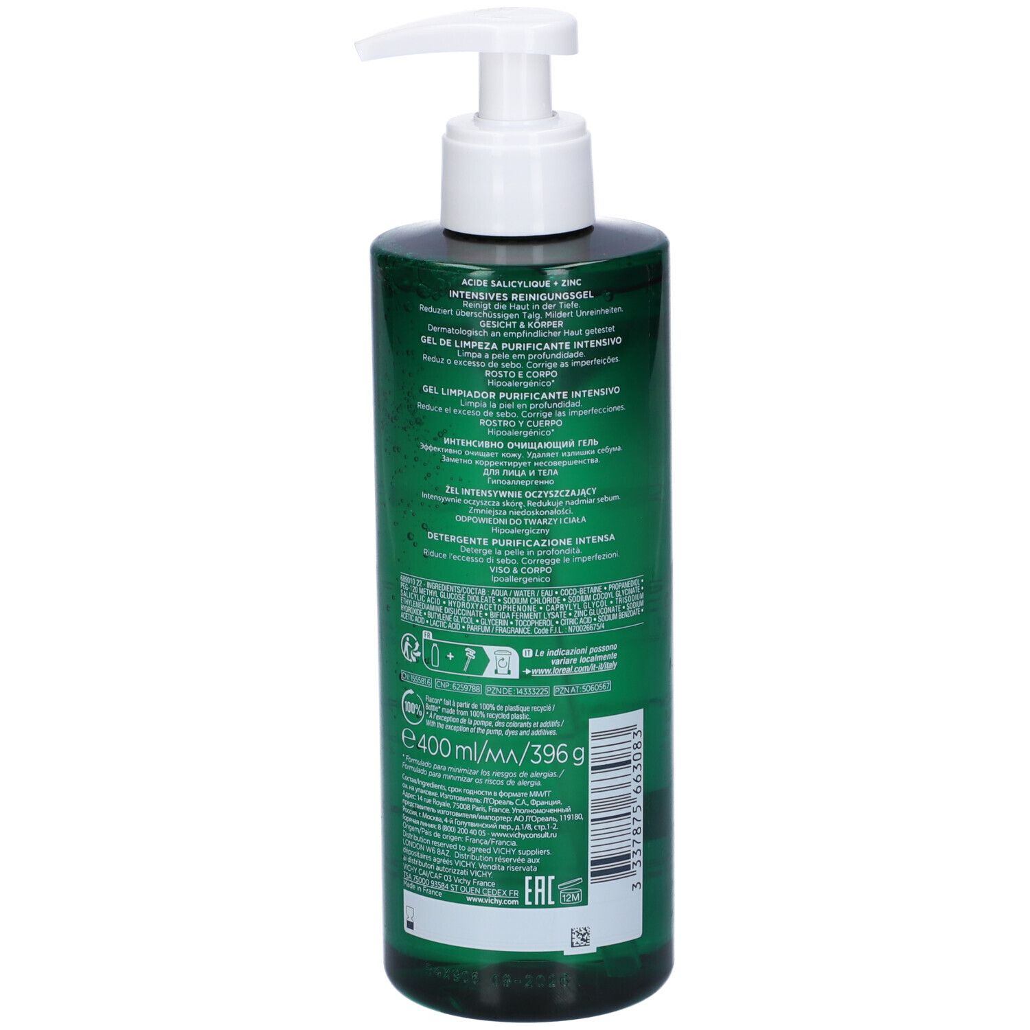 Flacone verde con dosatore bianco. Retro con testo e codice a barre. Scritta: 400 ml/396 g.