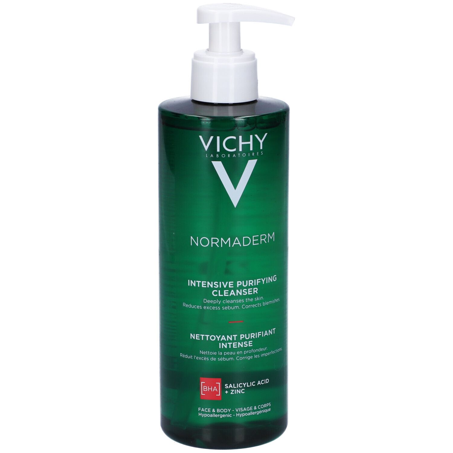 Flacone verde con dosatore bianco. Scritta: VICHY, Normaderm, Intensive Purifying Cleanser. Prodotto per viso e corpo.