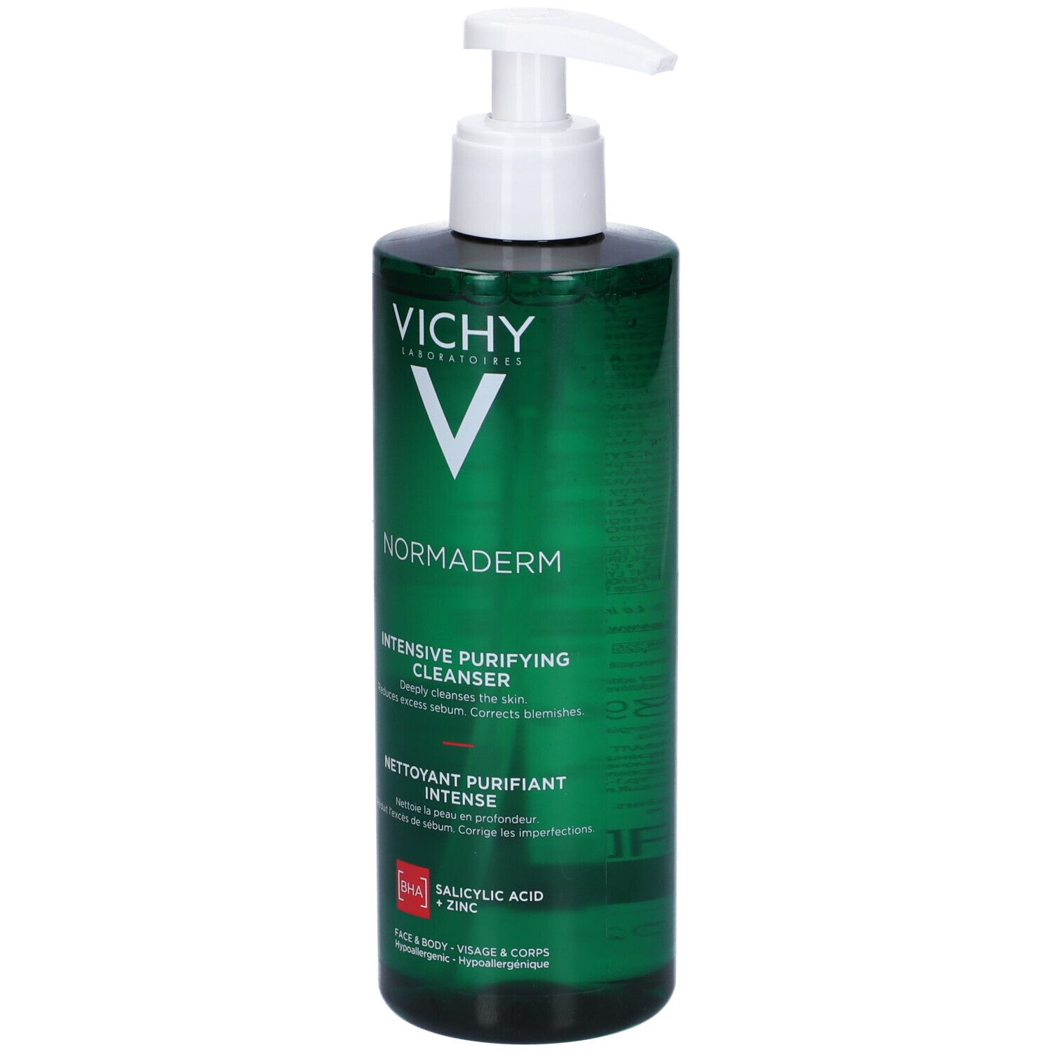 Flacone verde con dosatore bianco. Scritta: VICHY, Normaderm, Intensive Purifying Cleanser. Prodotto per viso e corpo.
