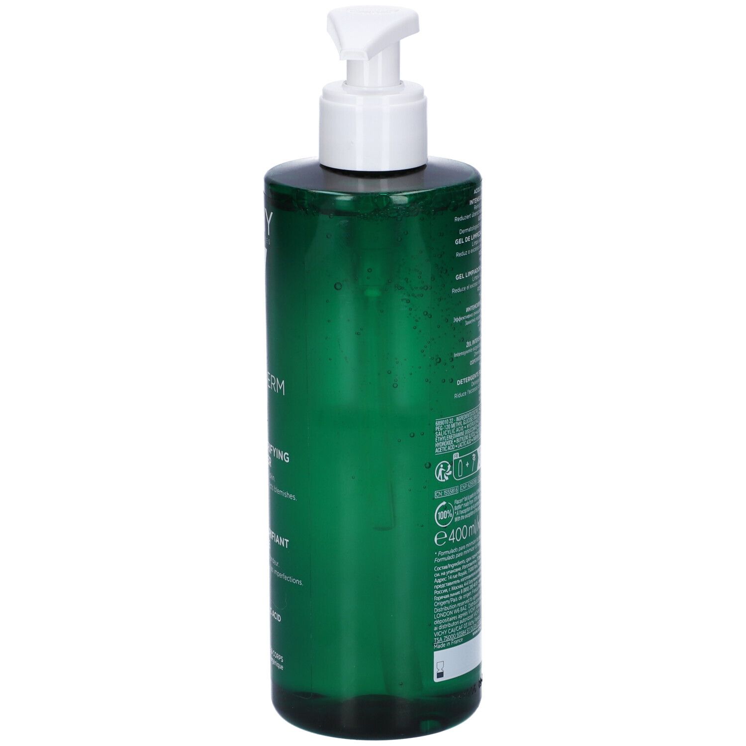 Flacone verde con dosatore bianco. Retro con testo e codice a barre. Scritta: 400 ml/396 g.