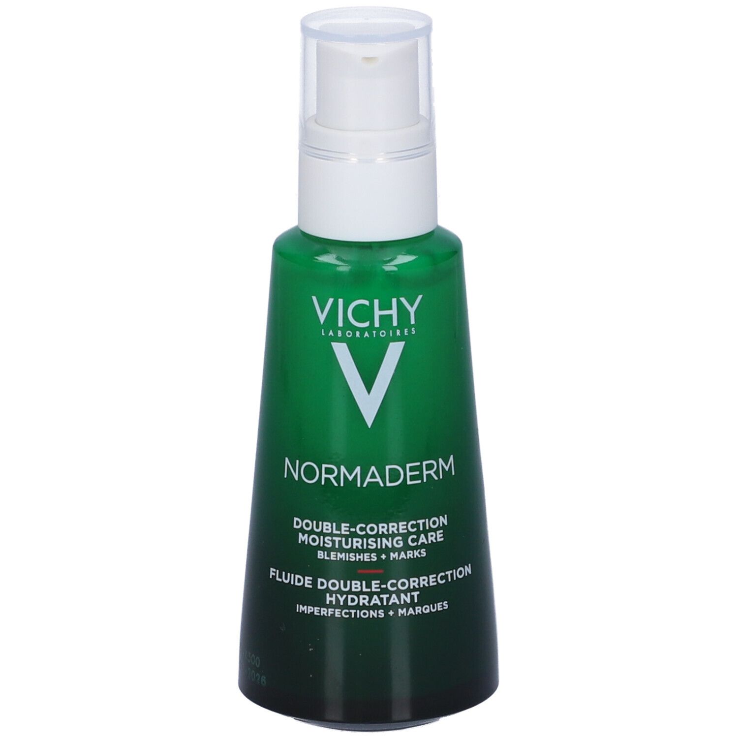 Flacone verde con dosatore bianco. Scritte: VICHY, NORMADERM. Doppia correzione.