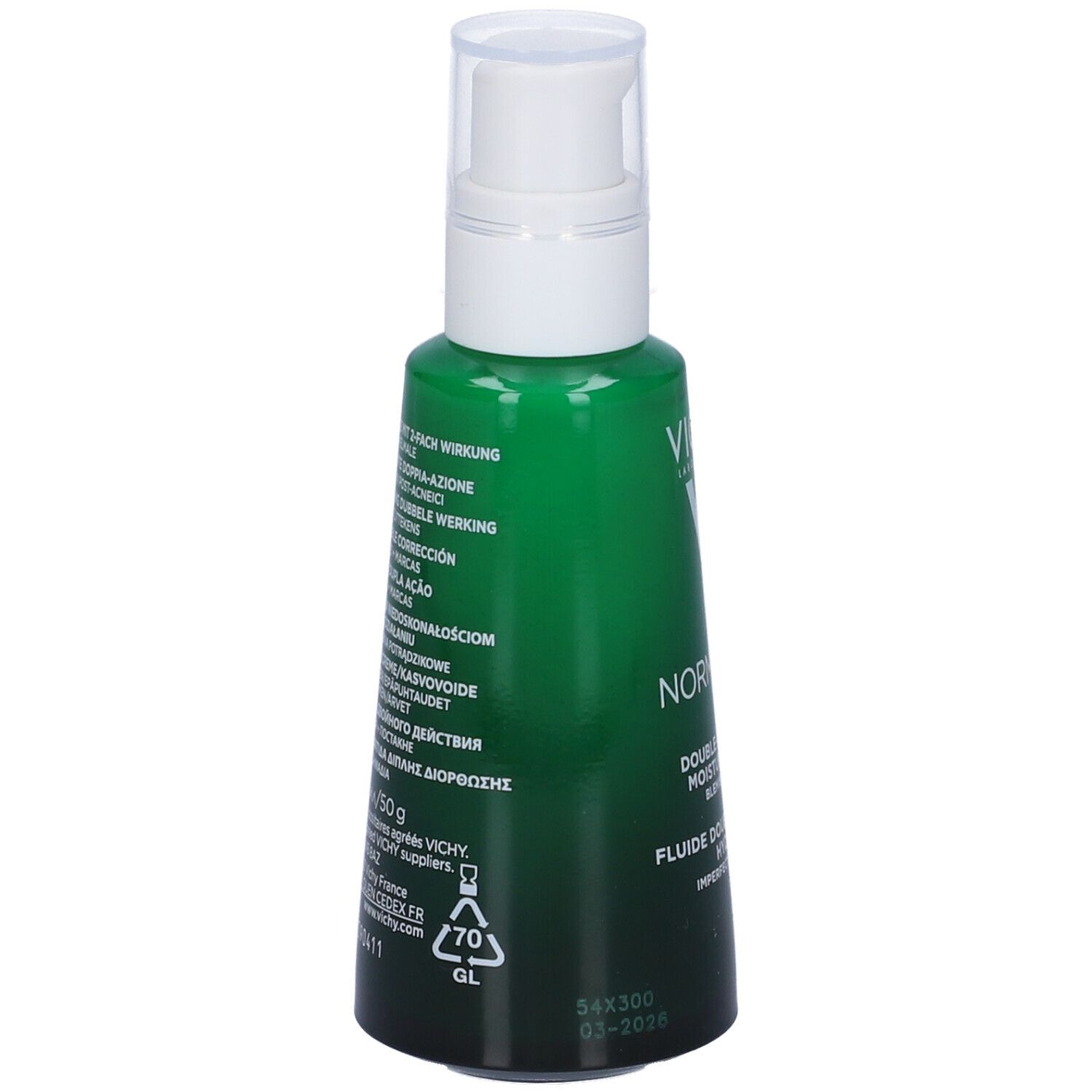 Flacone verde con dosatore bianco. Retro con informazioni prodotto multilingue.