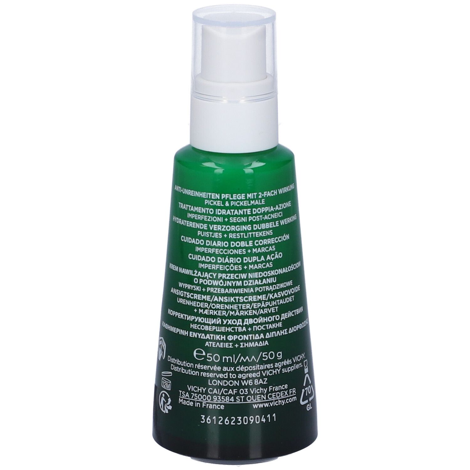 Flacone verde con dosatore bianco. Retro con informazioni prodotto multilingue.