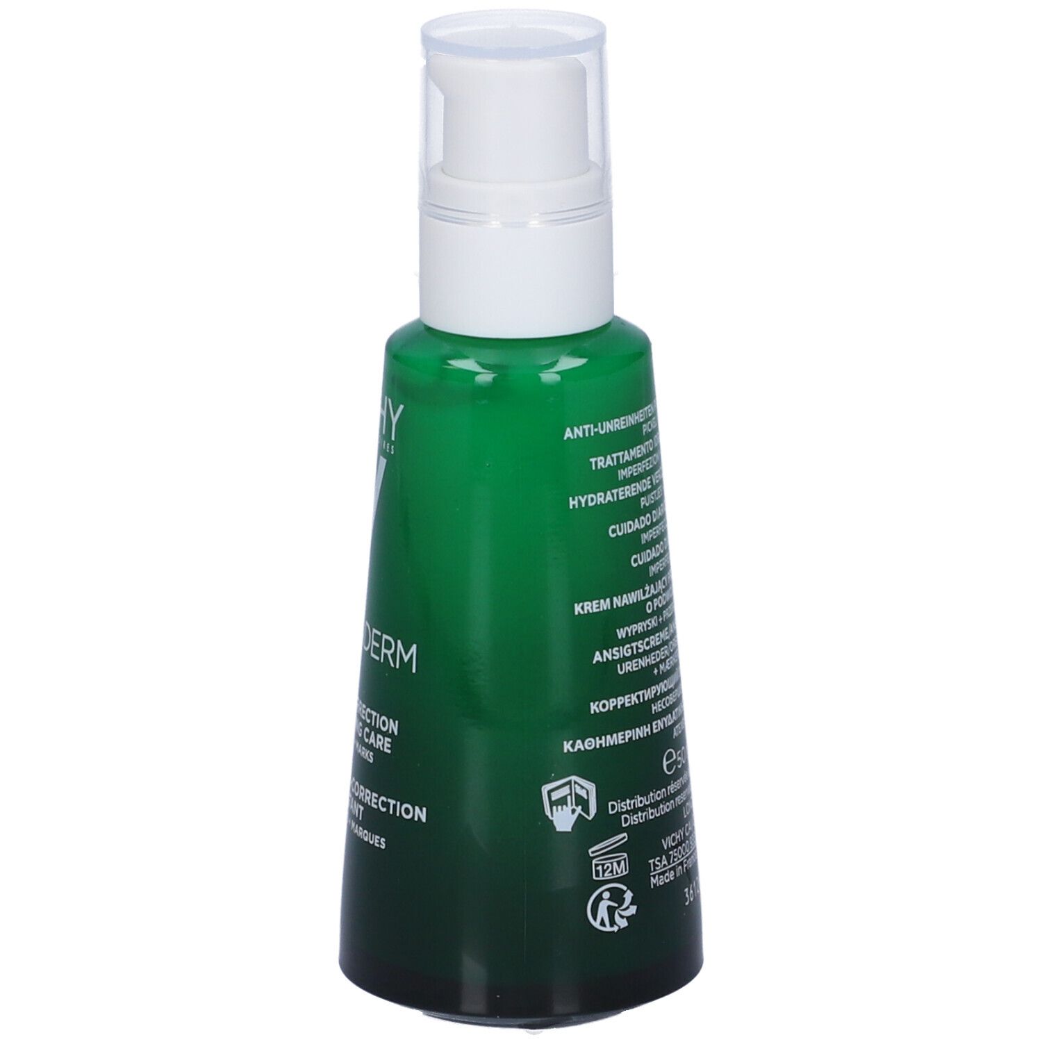 Flacone verde con dosatore bianco. Retro con informazioni prodotto multilingue.