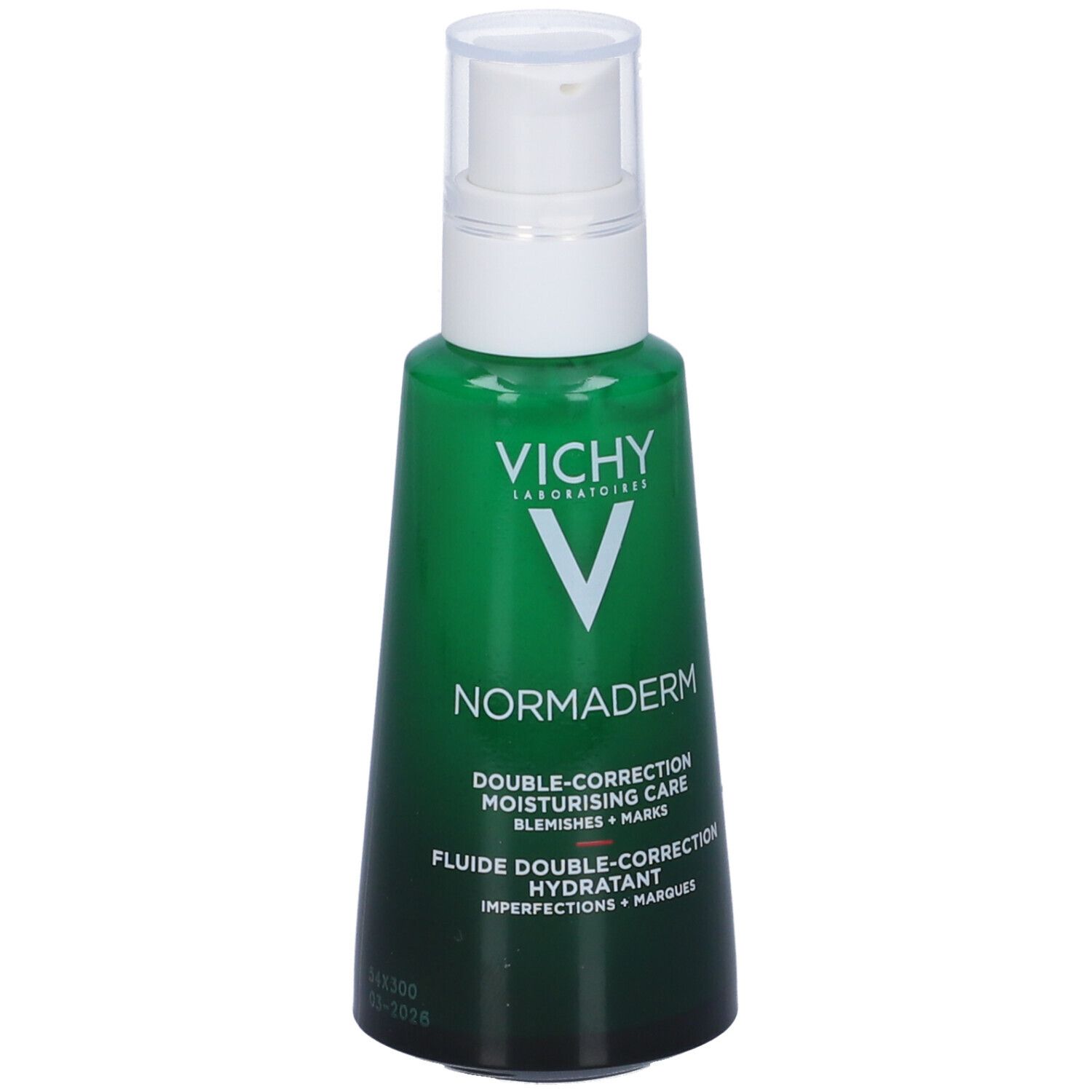 Flacone verde con dosatore bianco. Scritte: VICHY, NORMADERM. Doppia correzione.