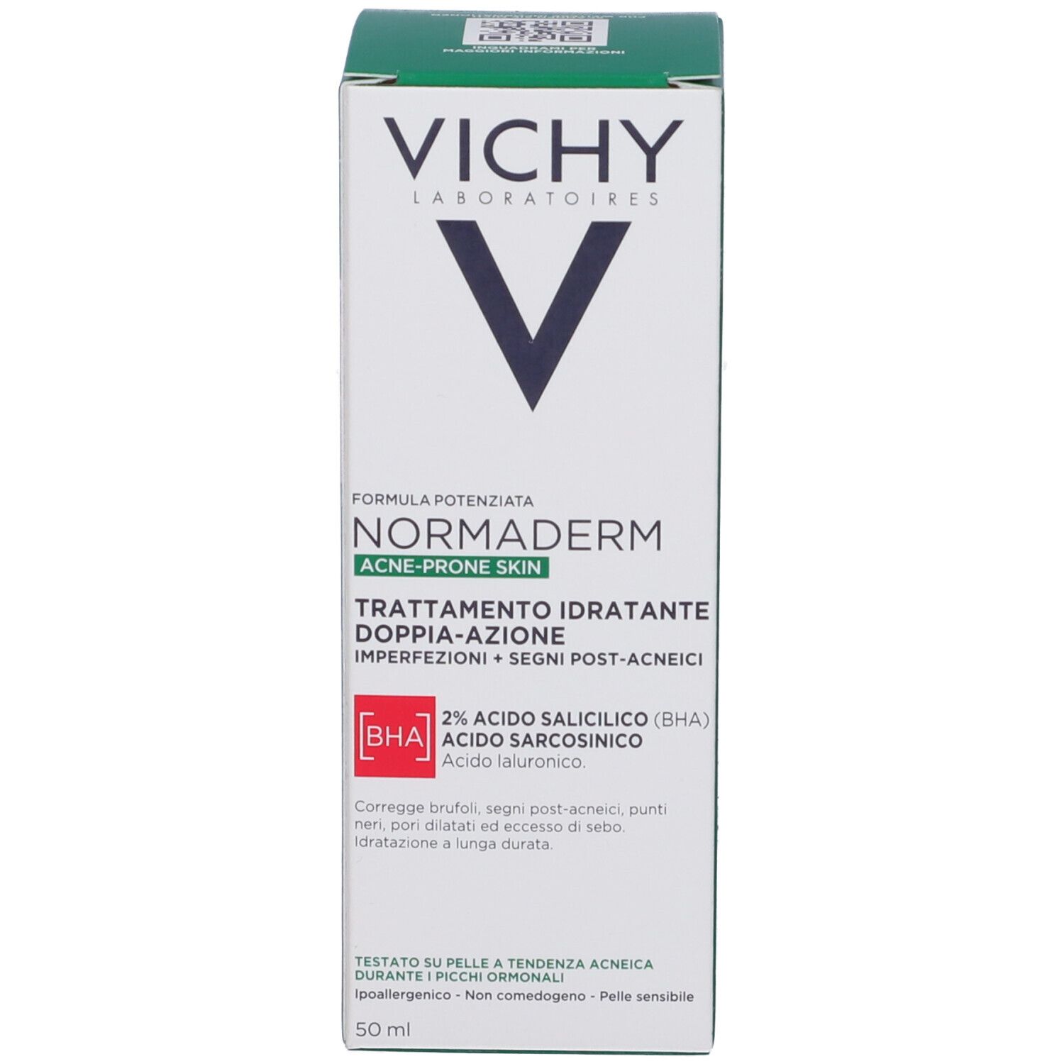 Confezione con scritte: VICHY, NORMADERM. Con logo e informazioni prodotto.