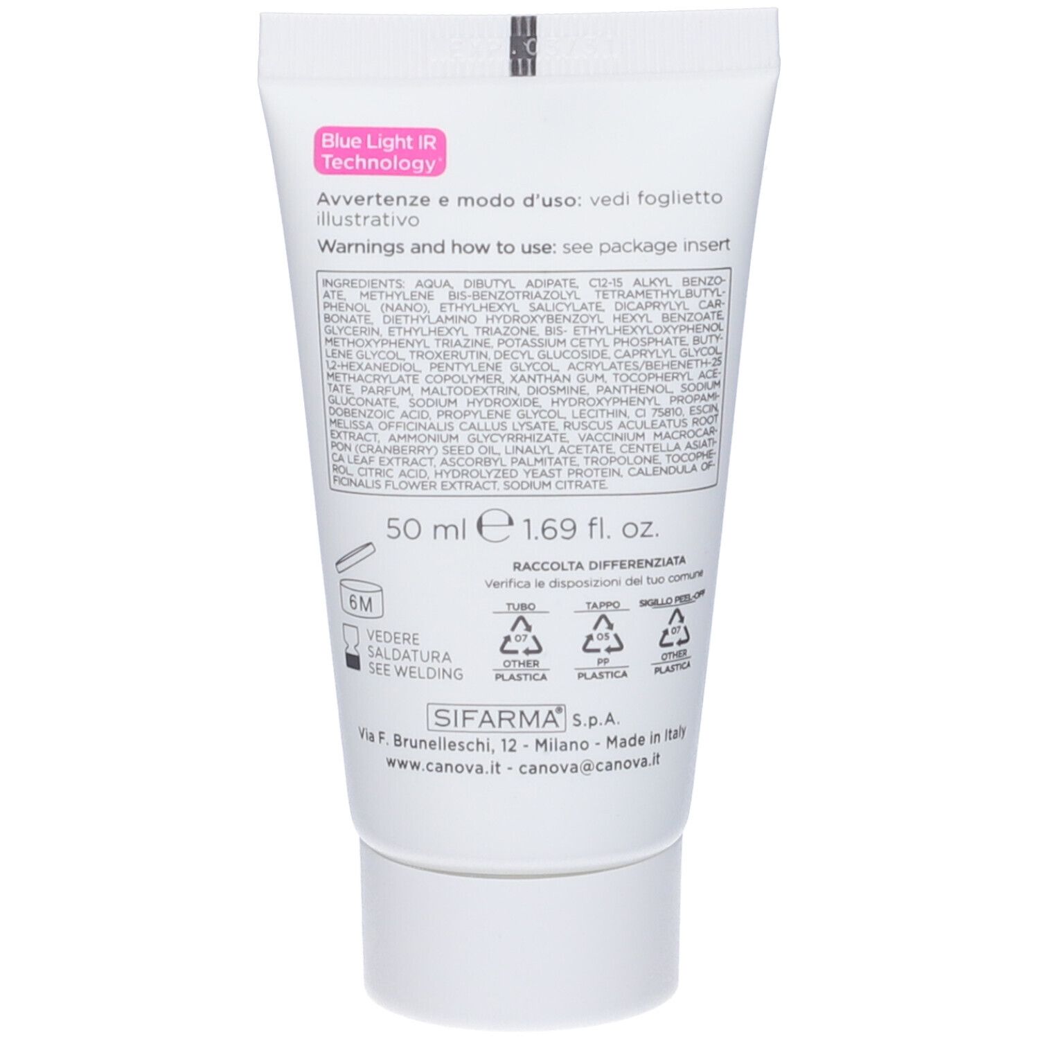 Rückseite der Canova Sensiven 50+ Creme: Inhaltsstoffe, 50ml, Recycling-Infos.