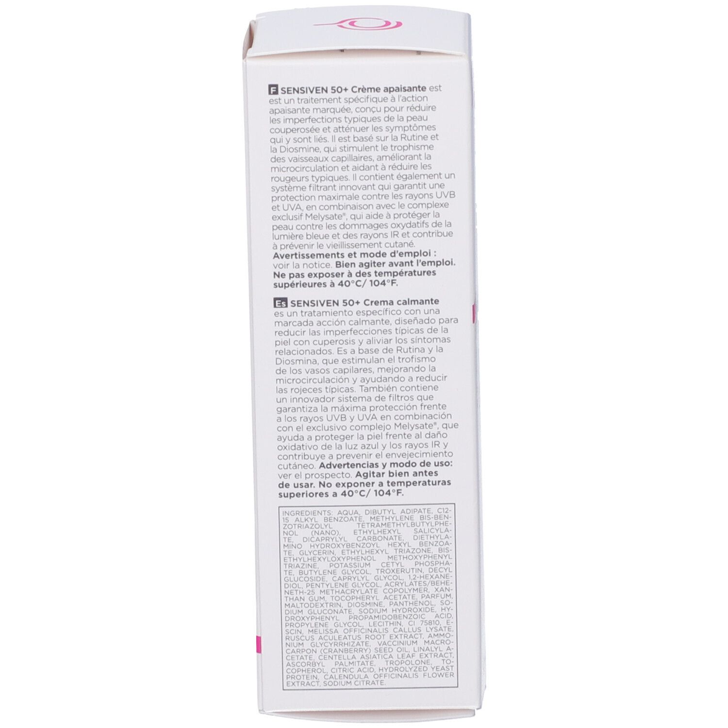 Seite der Canova Sensiven 50+ Faltschachtel mit Produktbeschreibung.
