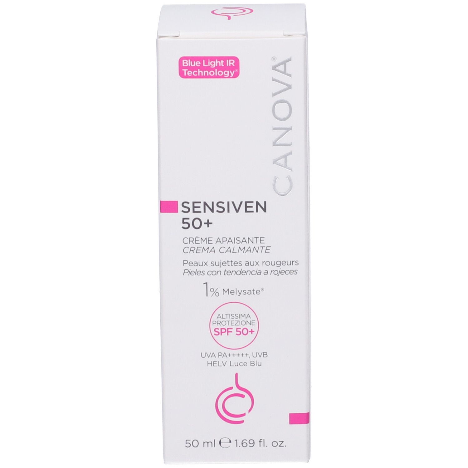 Seite der Canova Sensiven 50+ Faltschachtel mit Anwendungshinweisen.
