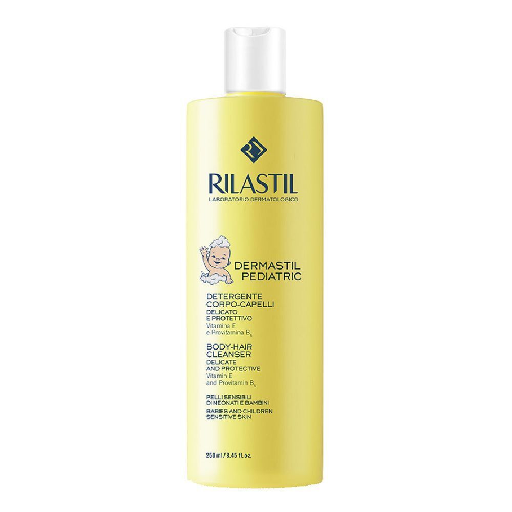 Flacone giallo con tappo bianco. Scritta: RILASTIL Dermastil Pediatric. Per neonati e bambini con pelle sensibile.