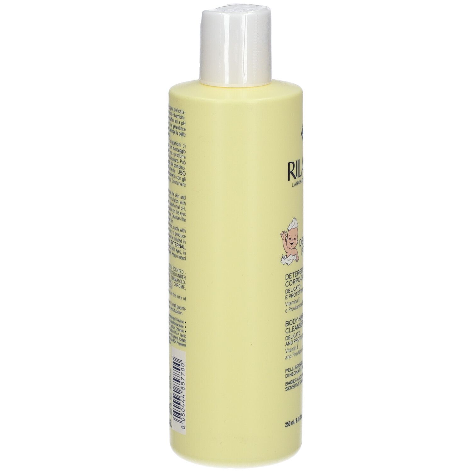 Flacone giallo con tappo bianco. Scritta: RILASTIL Dermastil Pediatric. Per neonati e bambini con pelle sensibile.