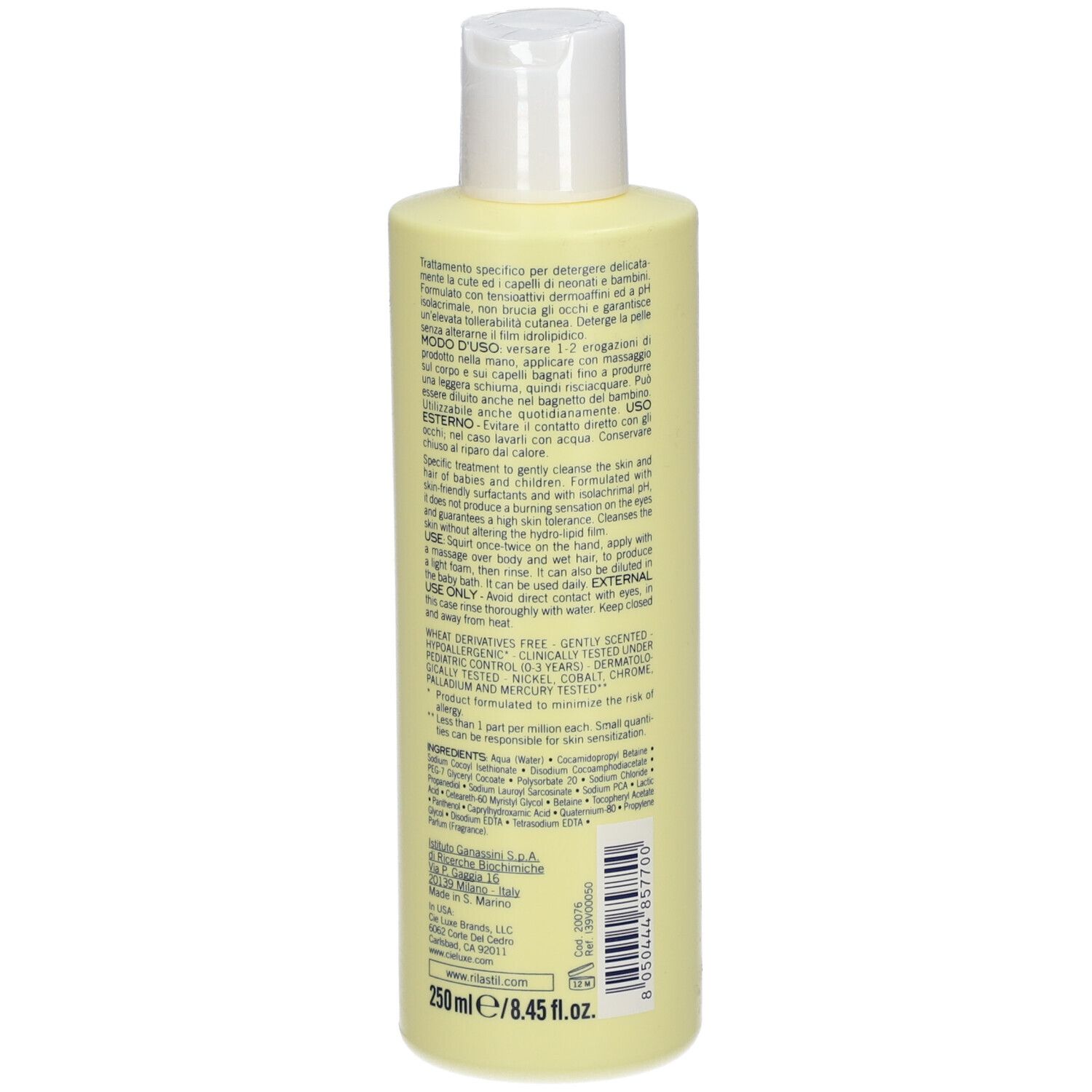 Flacone giallo con tappo bianco, retro con testo. Scritta: RILASTIL Dermastil Pediatric. Per neonati e bambini.