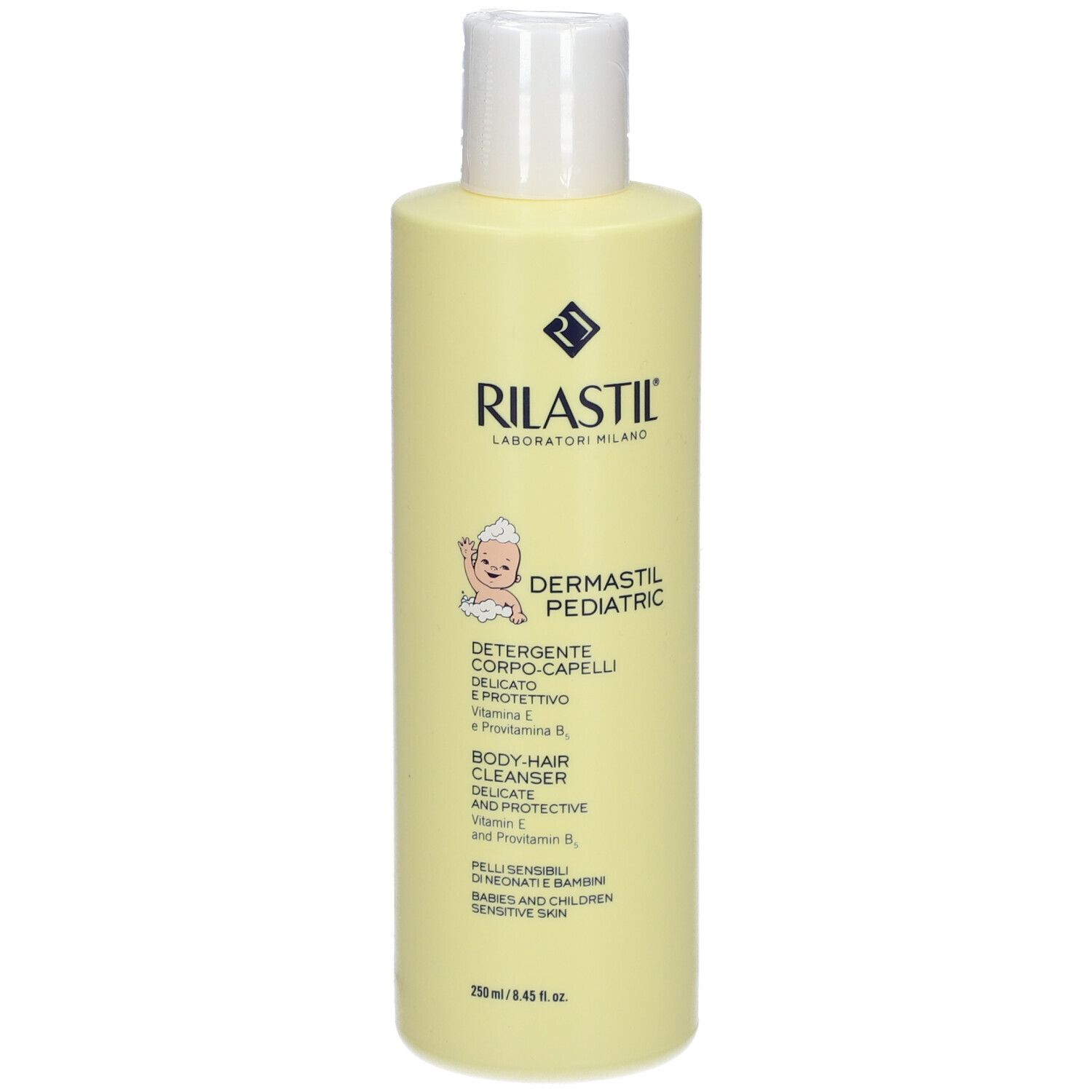 Flacone giallo con tappo bianco. Scritta: RILASTIL Dermastil Pediatric. Per neonati e bambini con pelle sensibile.