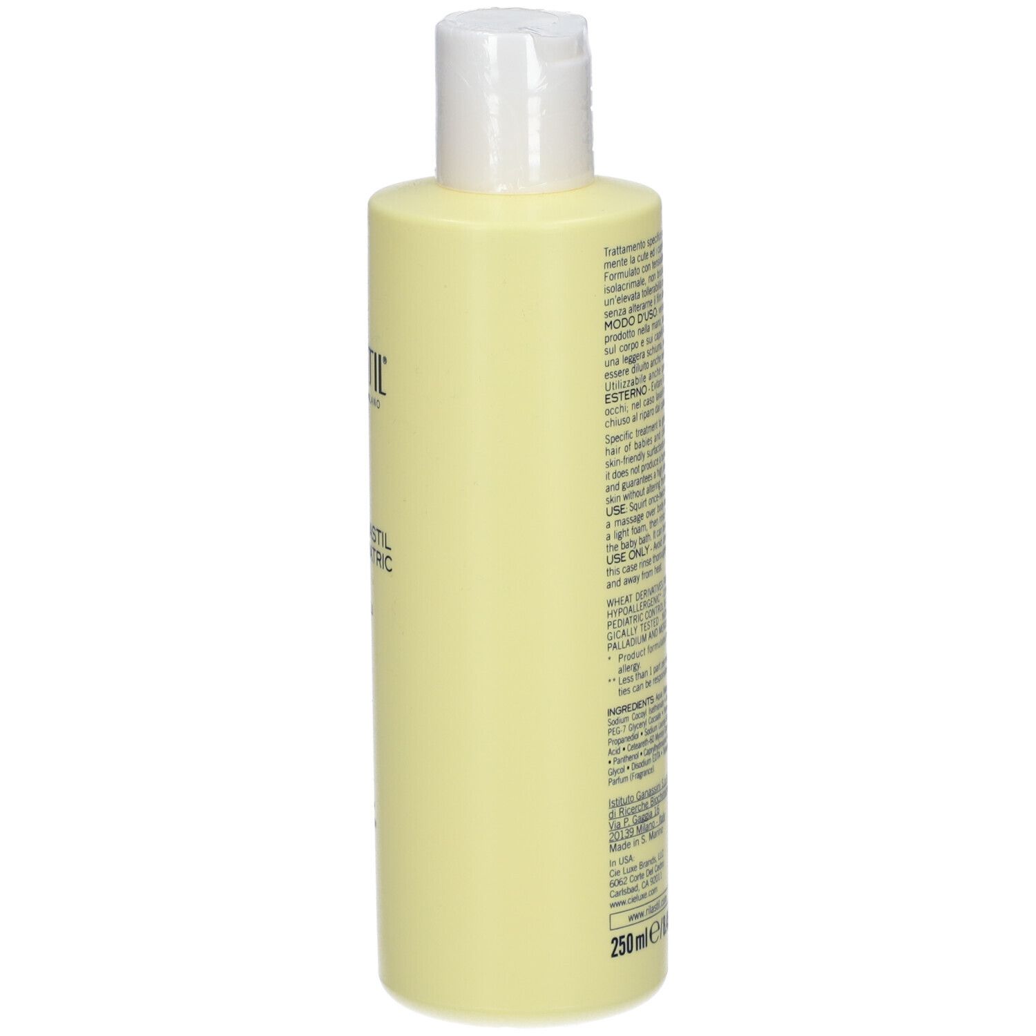 Flacone giallo con tappo bianco, retro con testo. Scritta: RILASTIL Dermastil Pediatric. Per neonati e bambini.